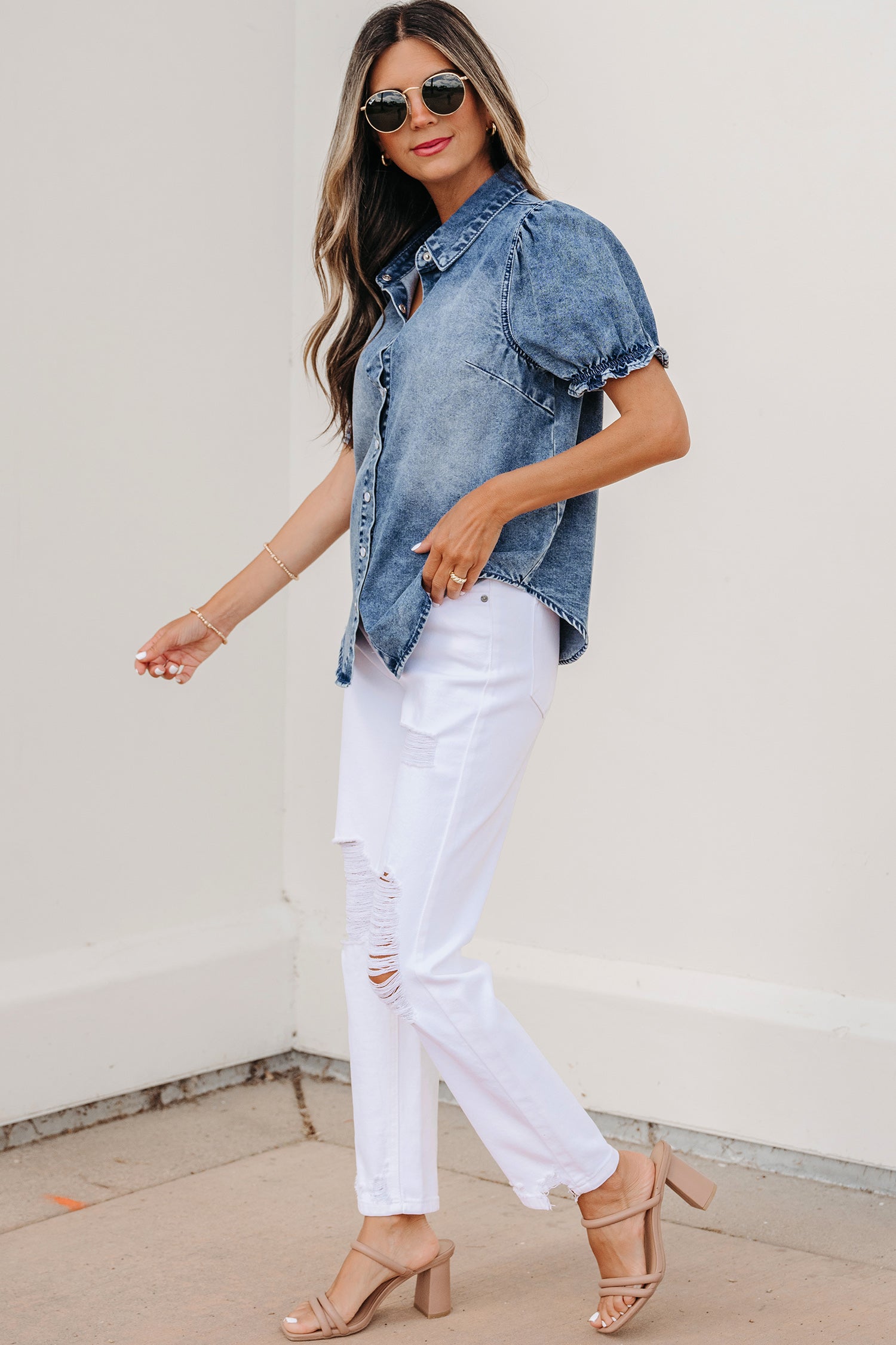 LivelyLooks Beau Blue Frilled Short Sleeve Snap Button Denim Shirt women's fashion