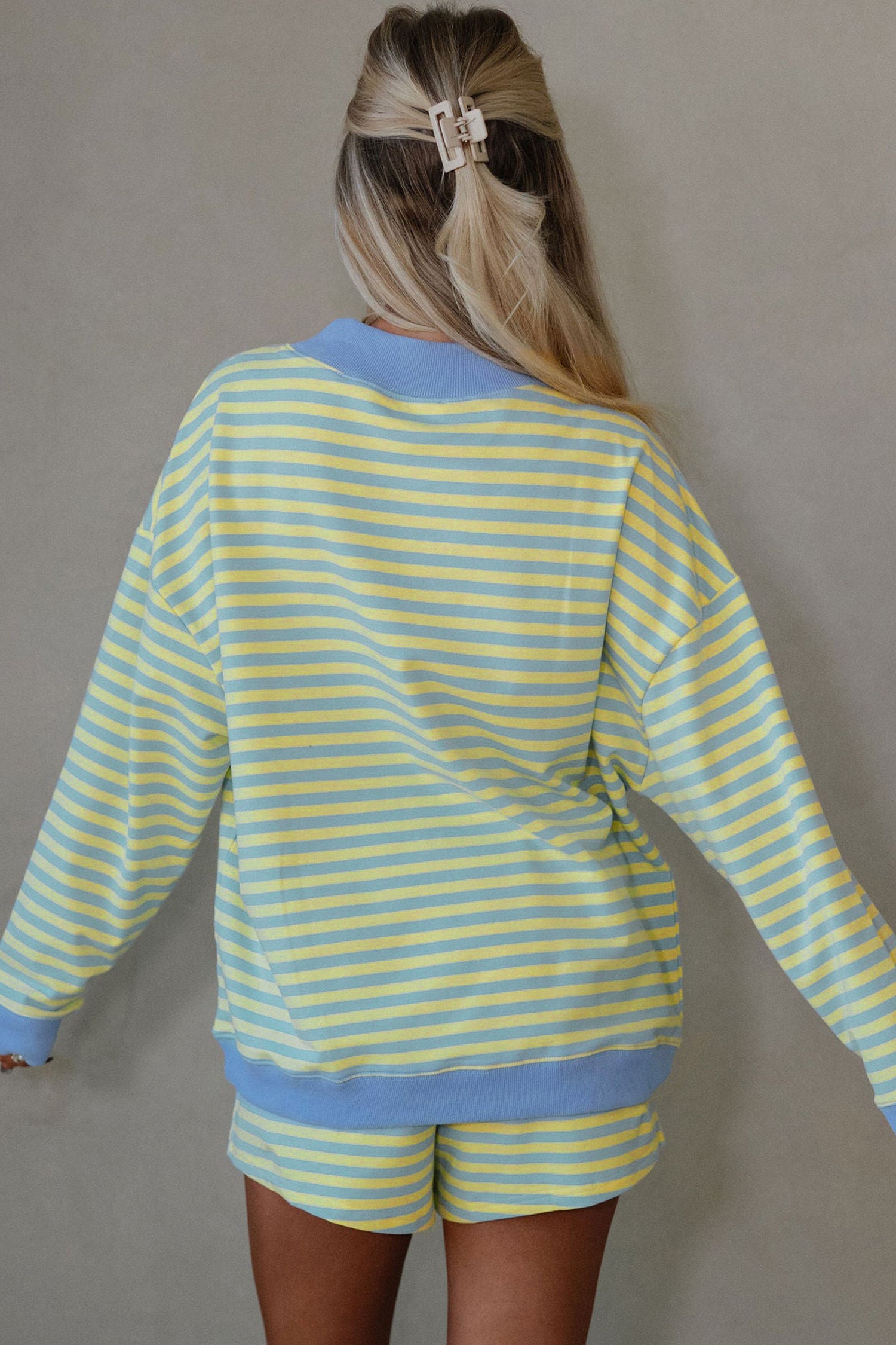 Stripe Colour Block Long Sleeve Pullover & Shorts Set | Pink, Yellow & Green Stripe