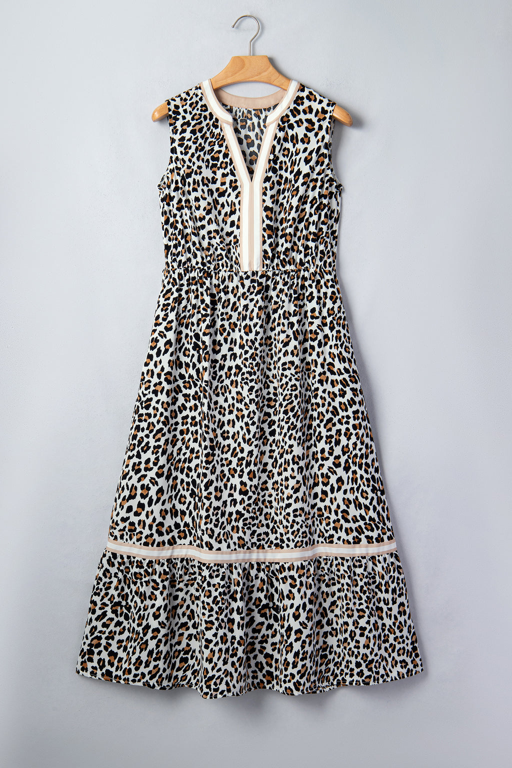 Women's White Leopard Print Colorblock Trim Sleeveless Midi Dress at LivelyLooks