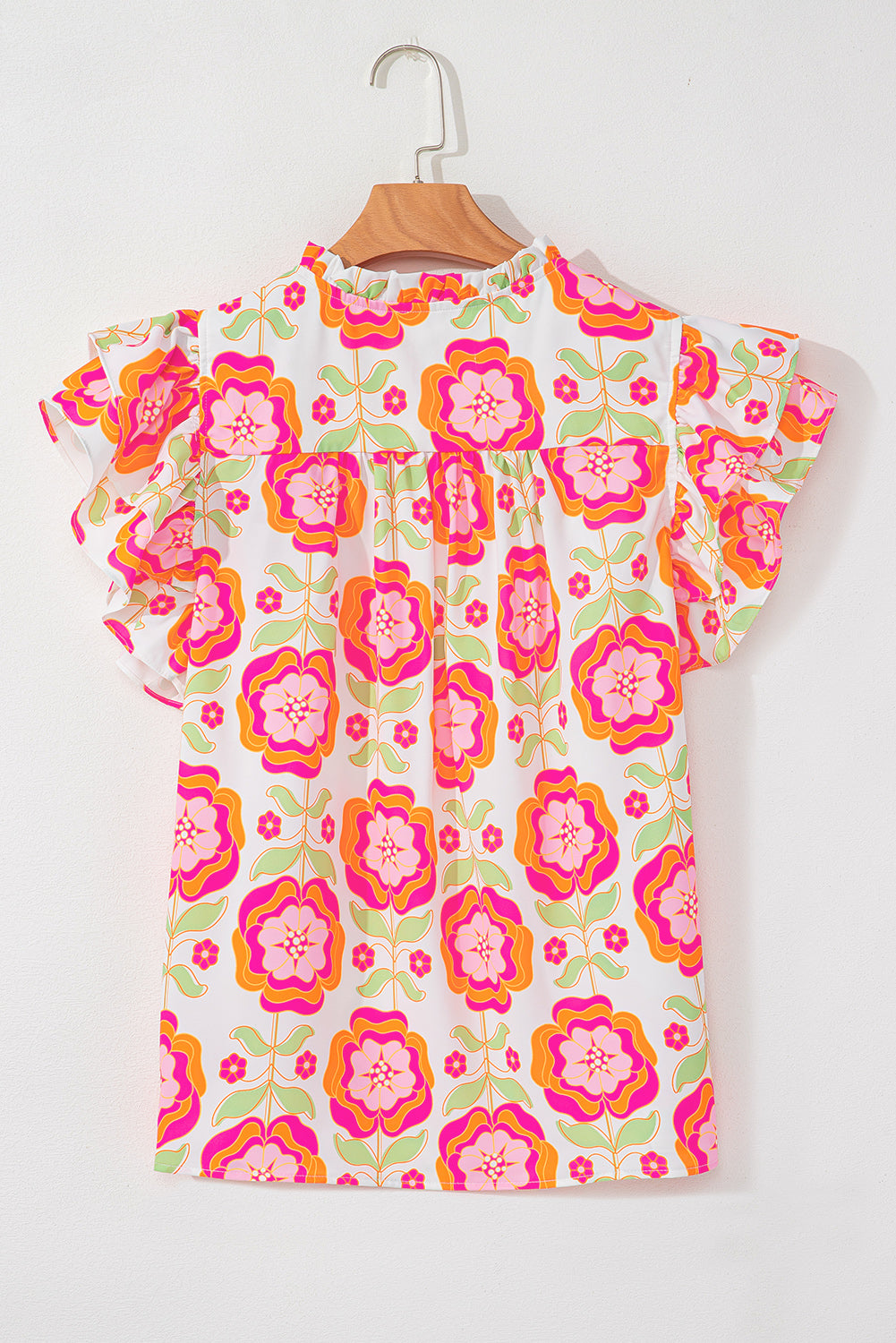 Shop Pink Floral Ruffled Sleeve Ric-rac Trim Split Neck Loose Blouse Summer Holiday Top at LivelyLooks