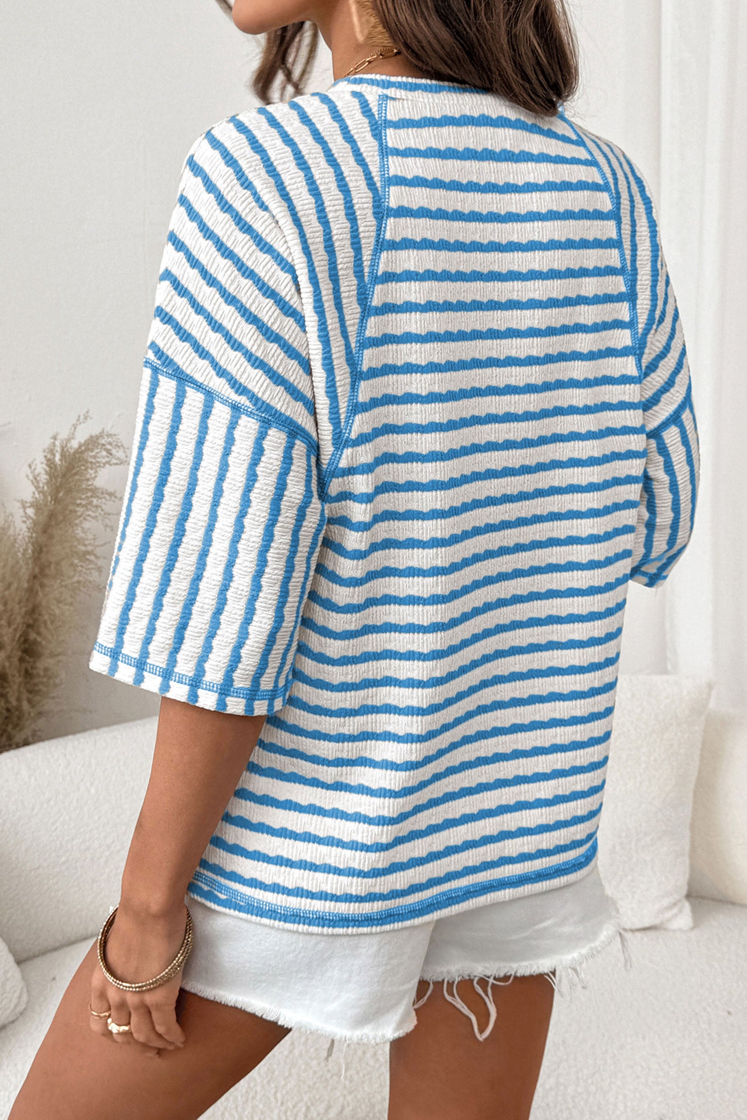 LivelyLooks Brown Stripe Textured Knit Split Hem Half Sleeve Loose Top women's fashion