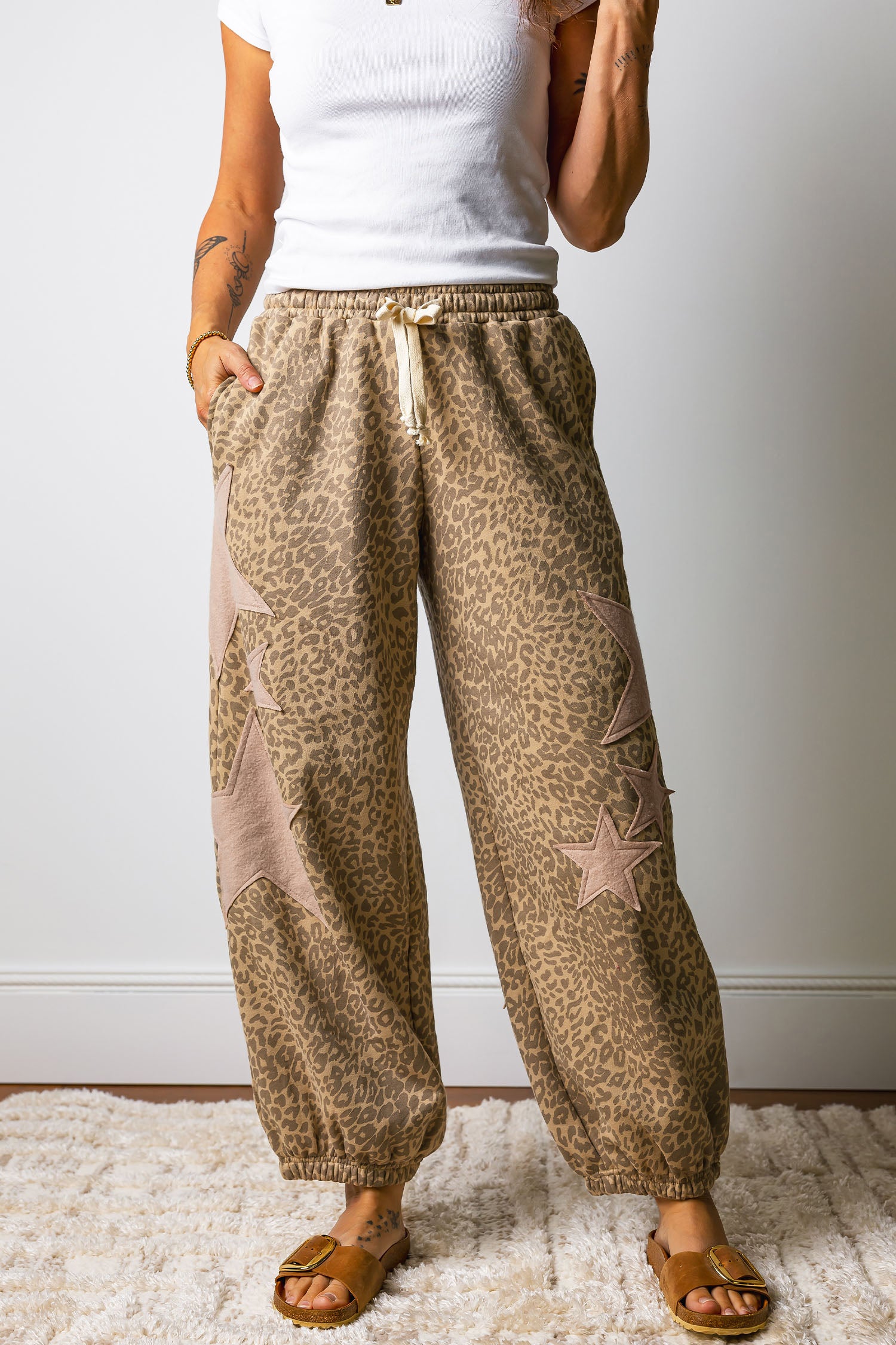 Khaki Leopard Print Jogger Pants Star Patch Drawstring Elastic Waist Women S-XL