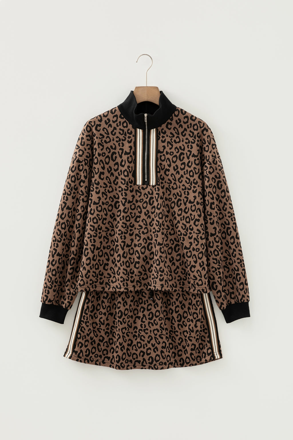 LivelyLooks Khaki Leopard Print Quarter Zip Top & Mini Skirt Set Women's S-XL women's fashion