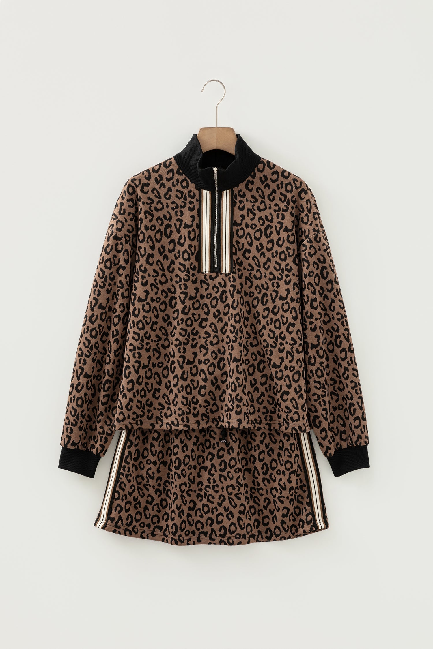 LivelyLooks Khaki Leopard Print Quarter Zip Top & Mini Skirt Set Women's S-XL women's fashion