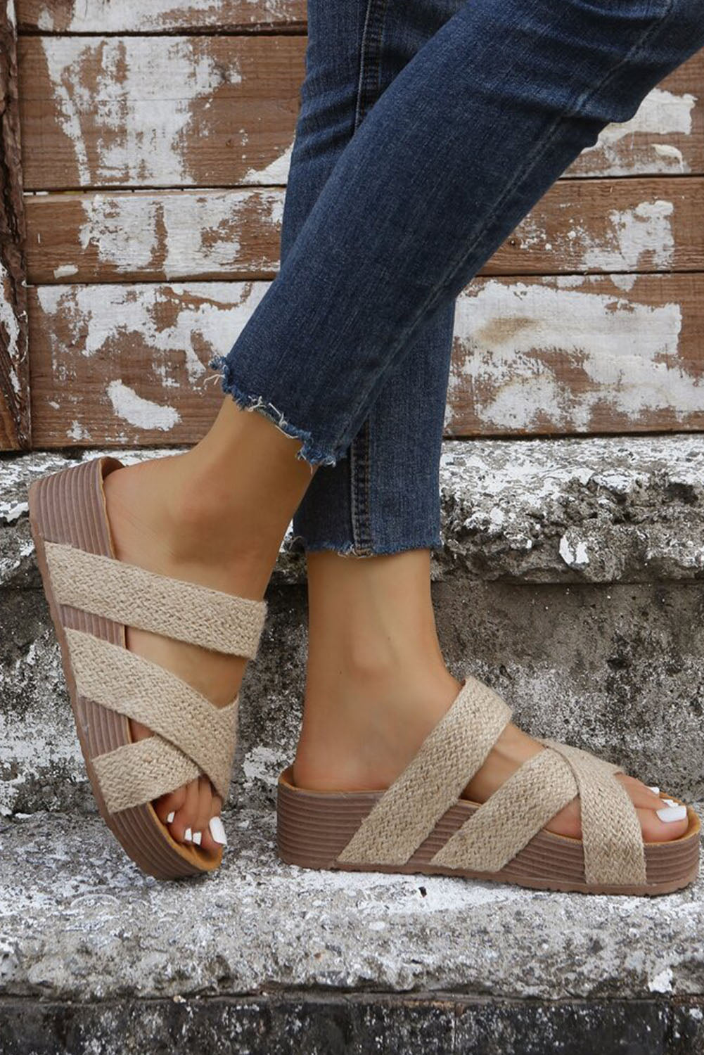 LivelyLooks Woven Crisscross Platform Slip-On Sandals Beige Brown Black EU37-42 women's fashion