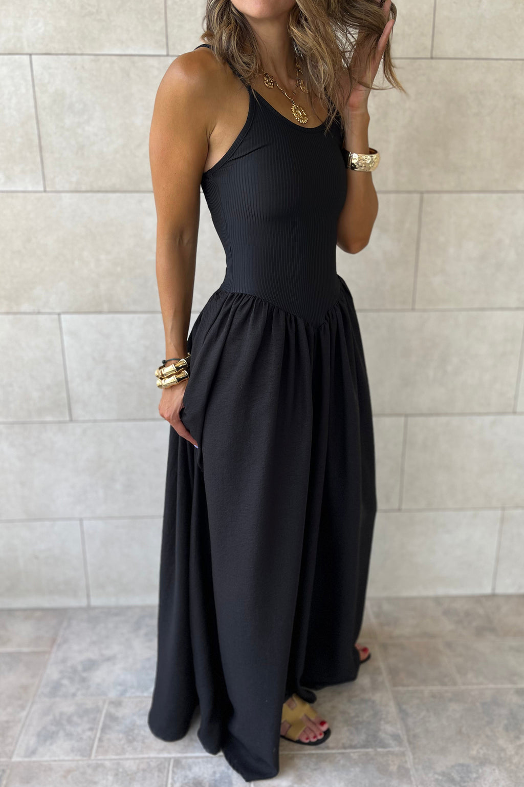 Black Spaghetti Strap Drop Waist Ribbed Patchwork Maxi Dress