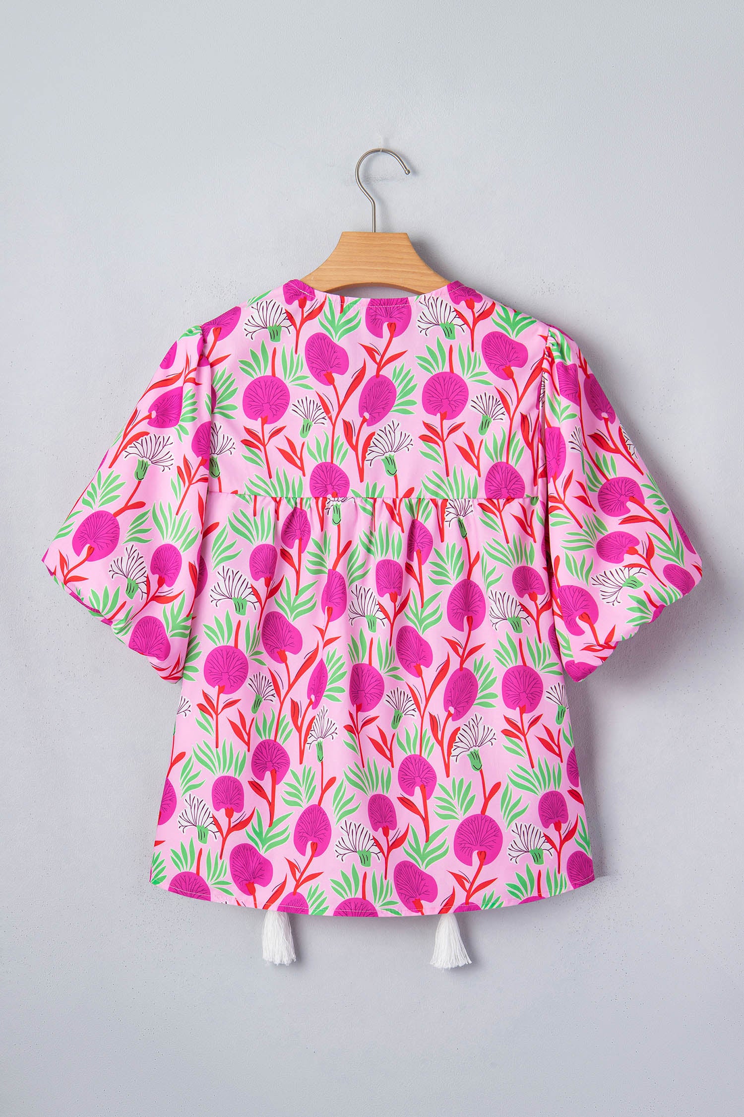 Shop Pink Floral Print Short Sleeve Contrast Patchwork Tassel Tie Blouse at LivelyLooks