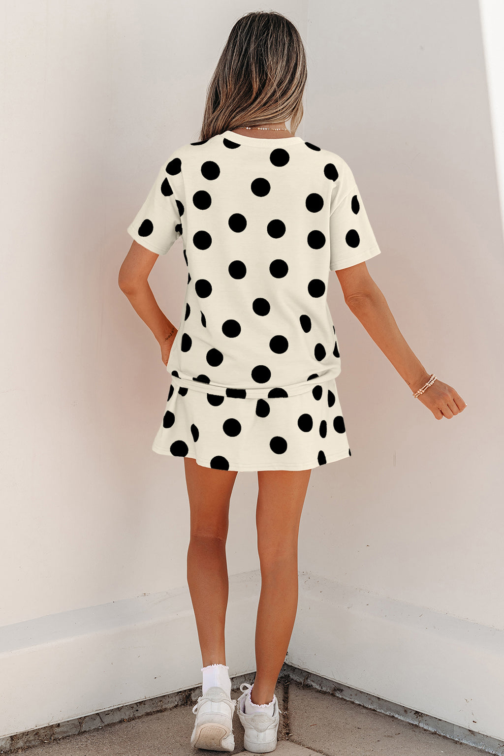 Polka Dot Short Sleeve Top & Casual Skort 2pcs Outfit | White, Pink & Sky Blue