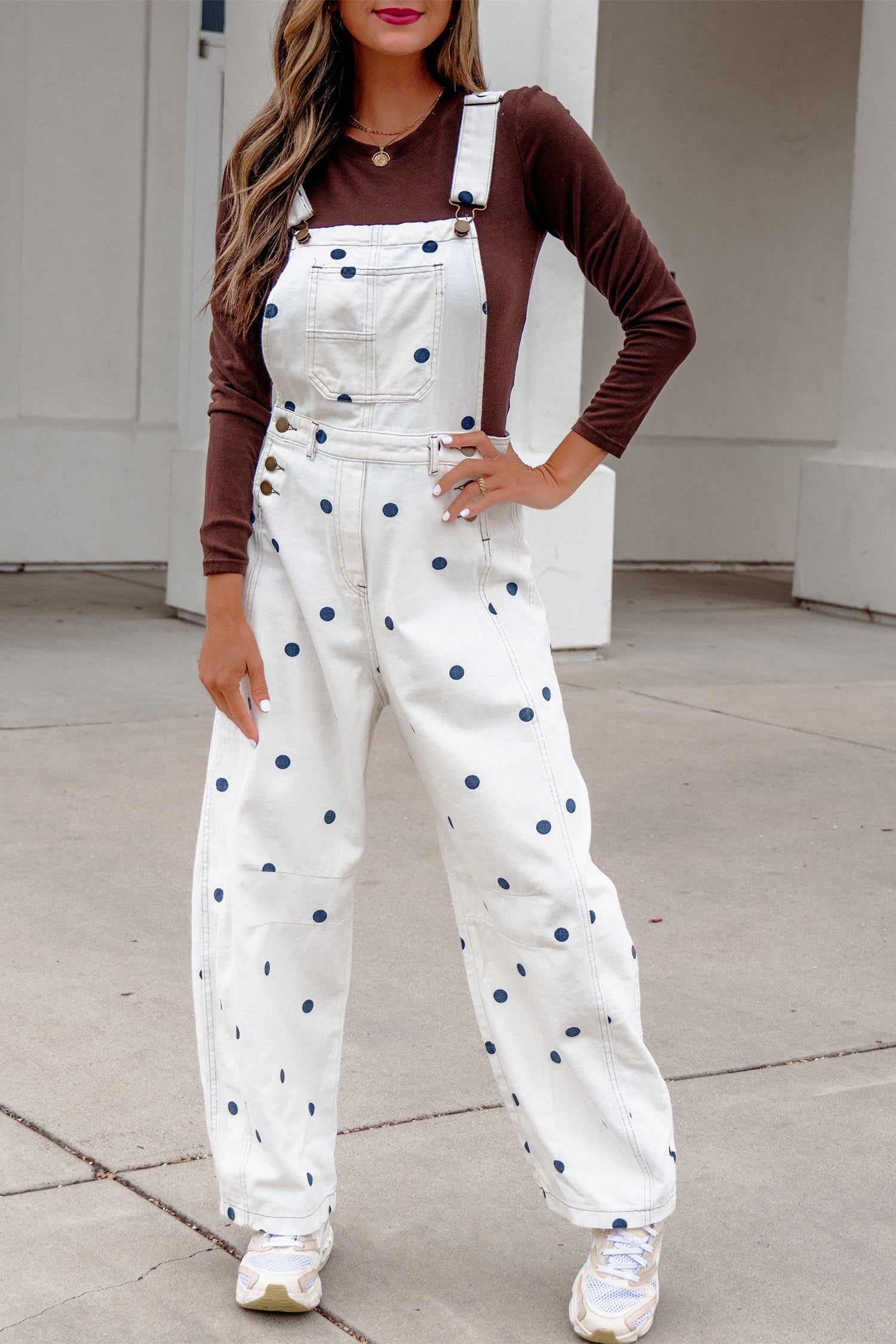 Polka Dot Denim Barrel Overalls Jumpsuit | Cream Beige Pink UK 8–22