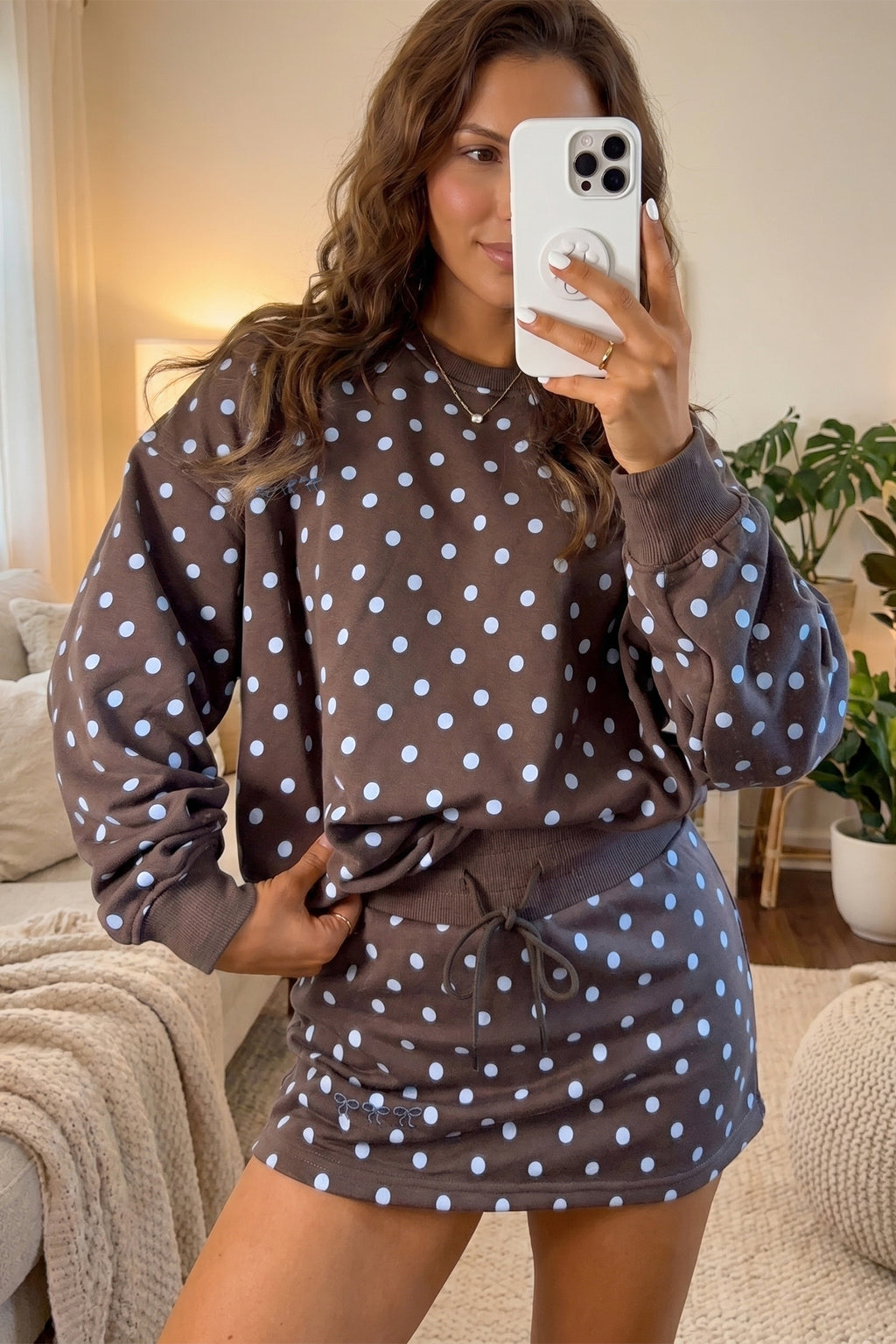 Brown Polka Dot Long Sleeve Pullover Bow Detail Skort Set | UK 8–22