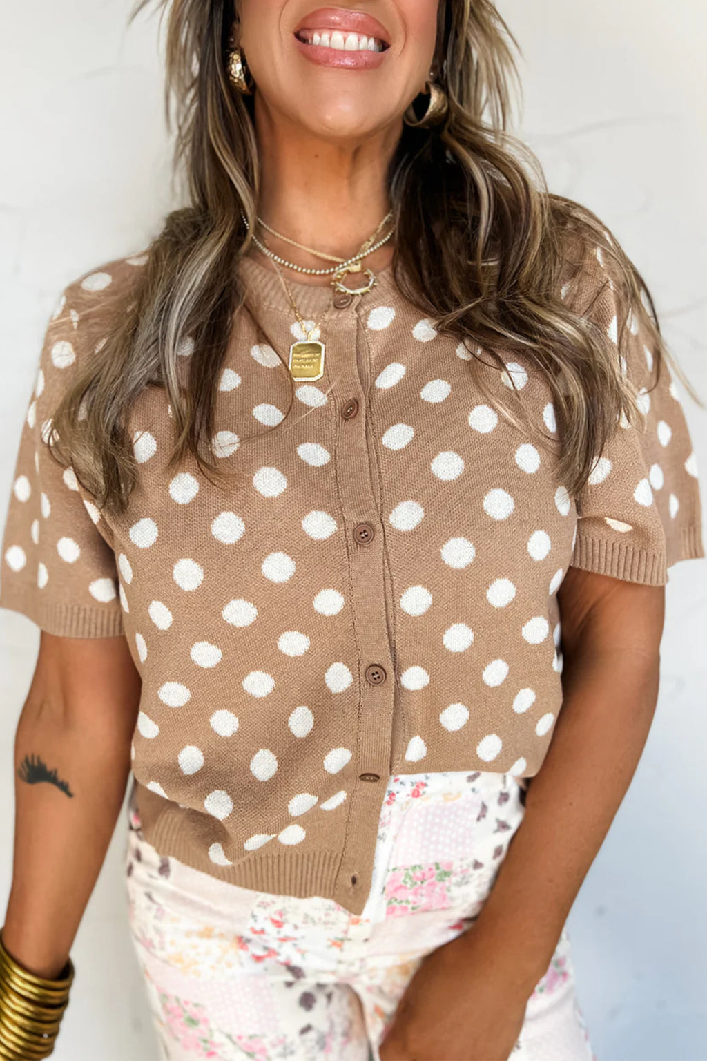 Women's Dark Khaki Polka Dot Short Sleeve Button Down Cardigan at LivelyLooks