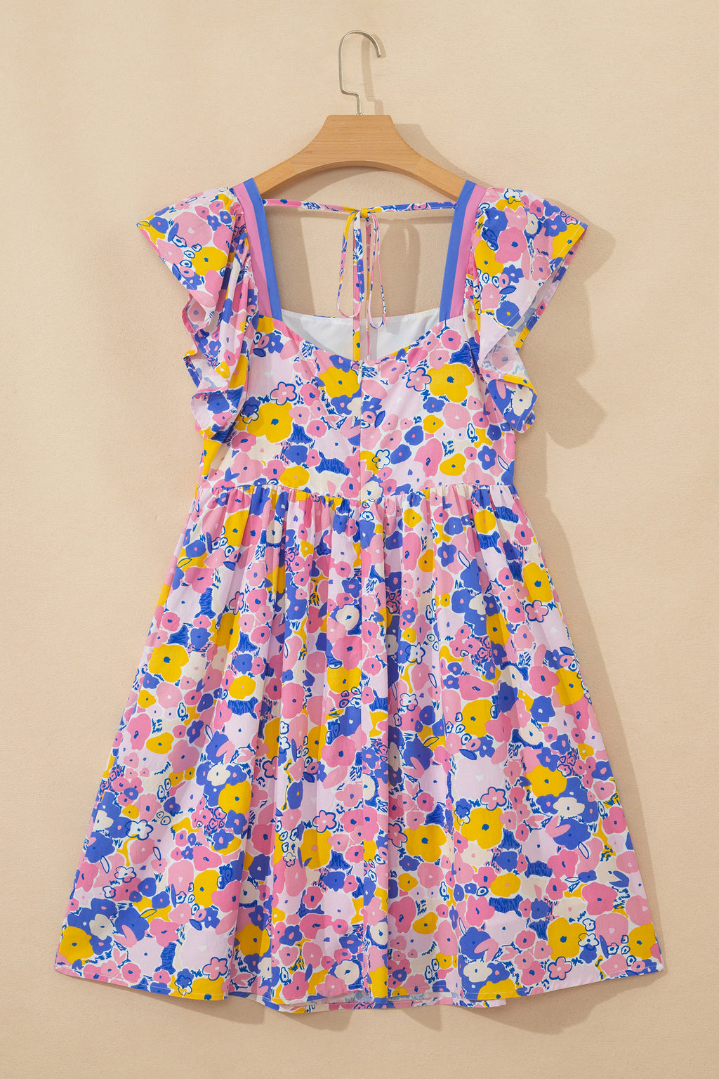 Multicolour Floral Flutter Sleeve Striped Trim Square Neck Mini Dress