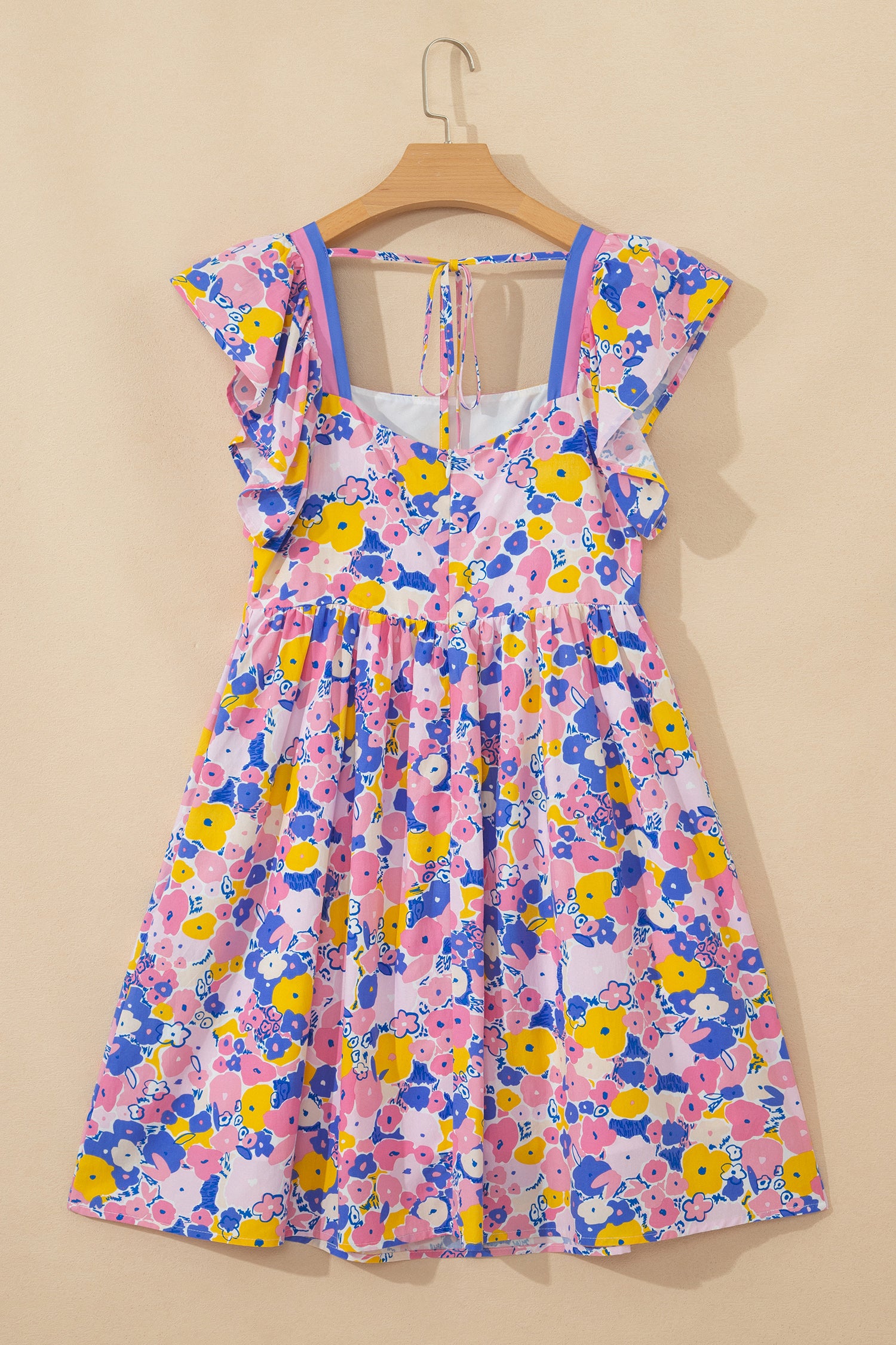 Multicolour Floral Flutter Sleeve Striped Trim Square Neck Mini Dress