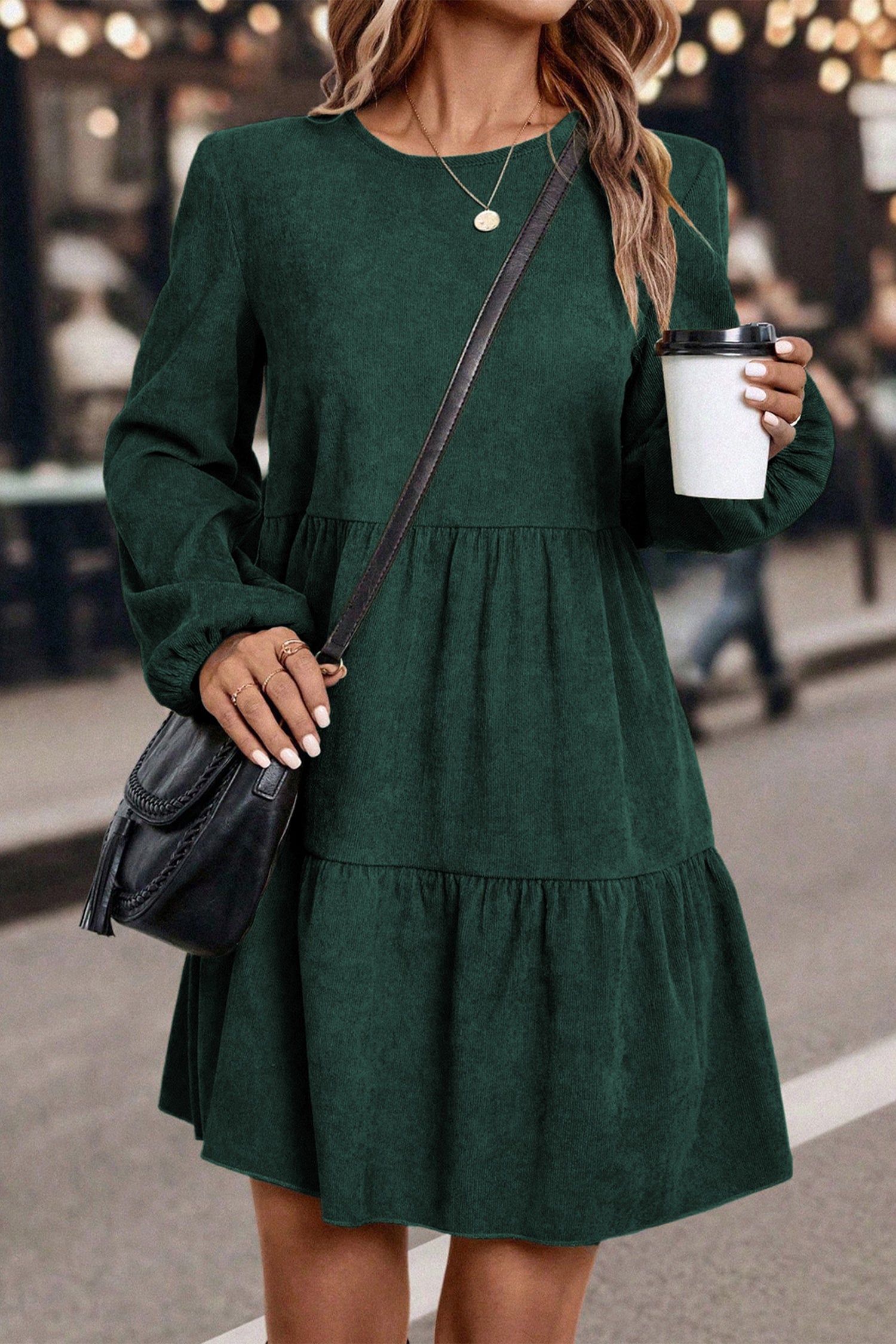 Lantern Sleeve Tiered Mini Dress | Black, Dark Brown & Mist Green | UK 8–22