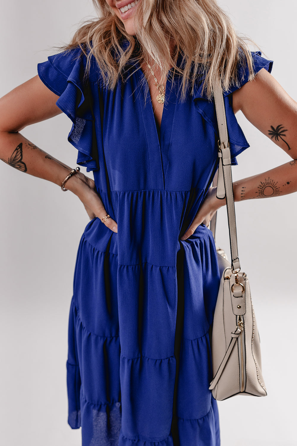 LivelyLooks Blue Ruffle Sleeve V-Neck Tiered Midi Dress Solid Collared S-XL women's fashion