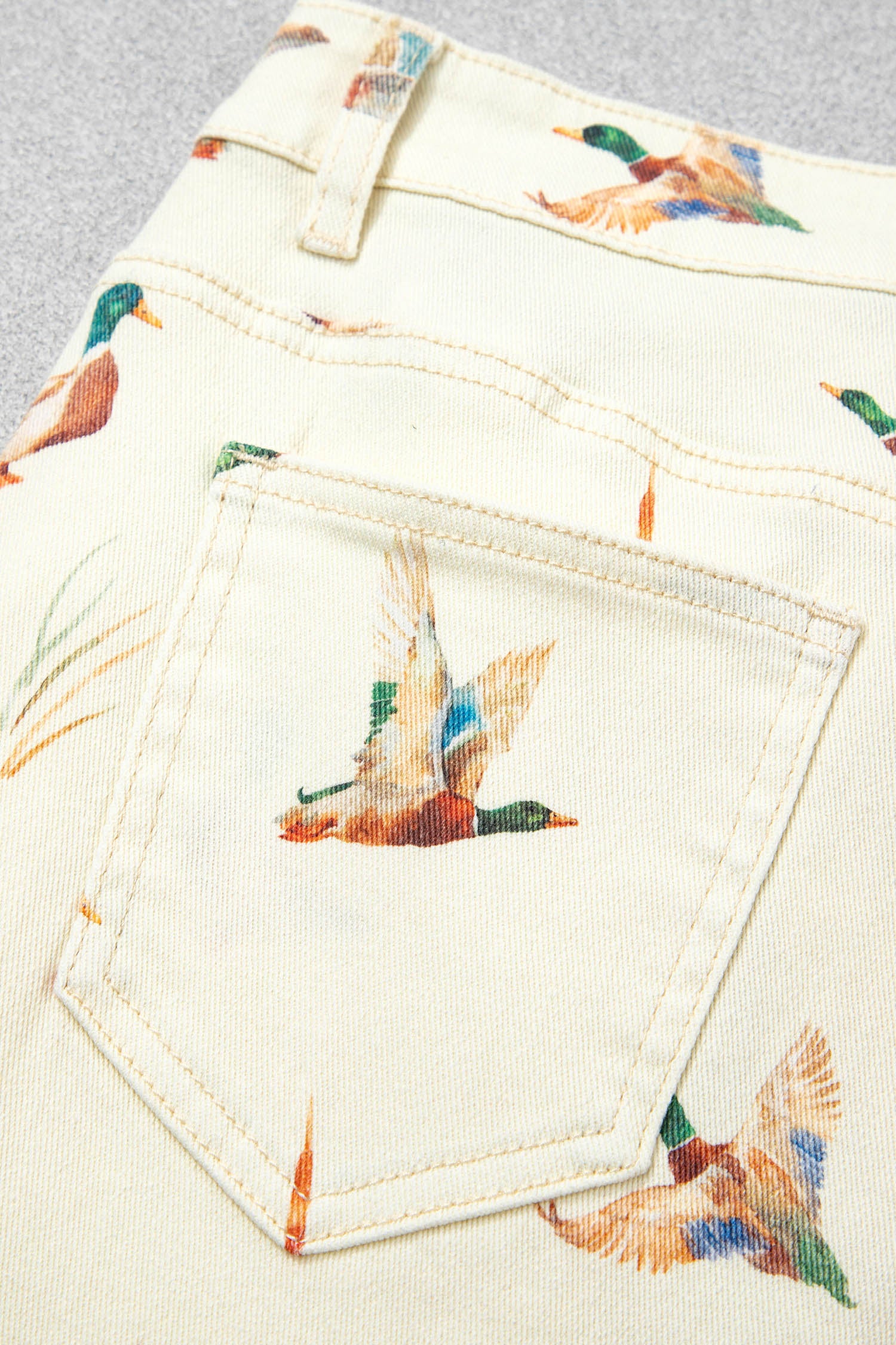 Women's Beige Mallard Print Cuffed Hem Shift Jeans Pockets Elastic UK 4-16 at LivelyLooks
