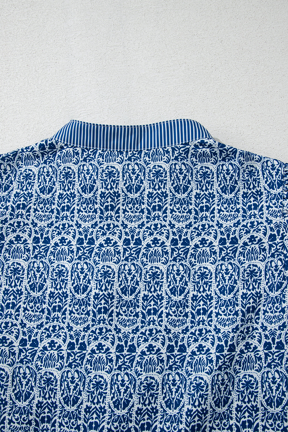 Blue Floral Striped Contrast Ric-Rac Trim Puff Sleeve Top