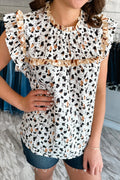 White Leopard Print Frill Neck Flutter Sleeve Blouse | S-XL