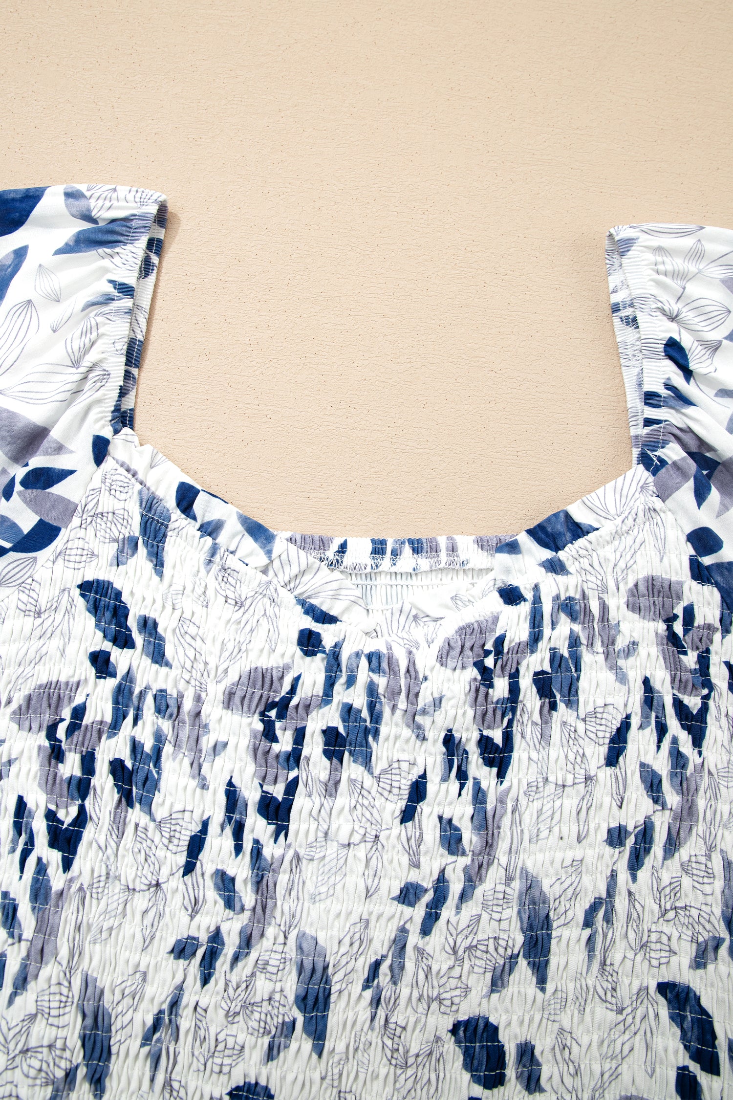 Sky Blue Floral Midi Dress Smocked Bodice Short Puff Sleeve Tiered Women S-XL