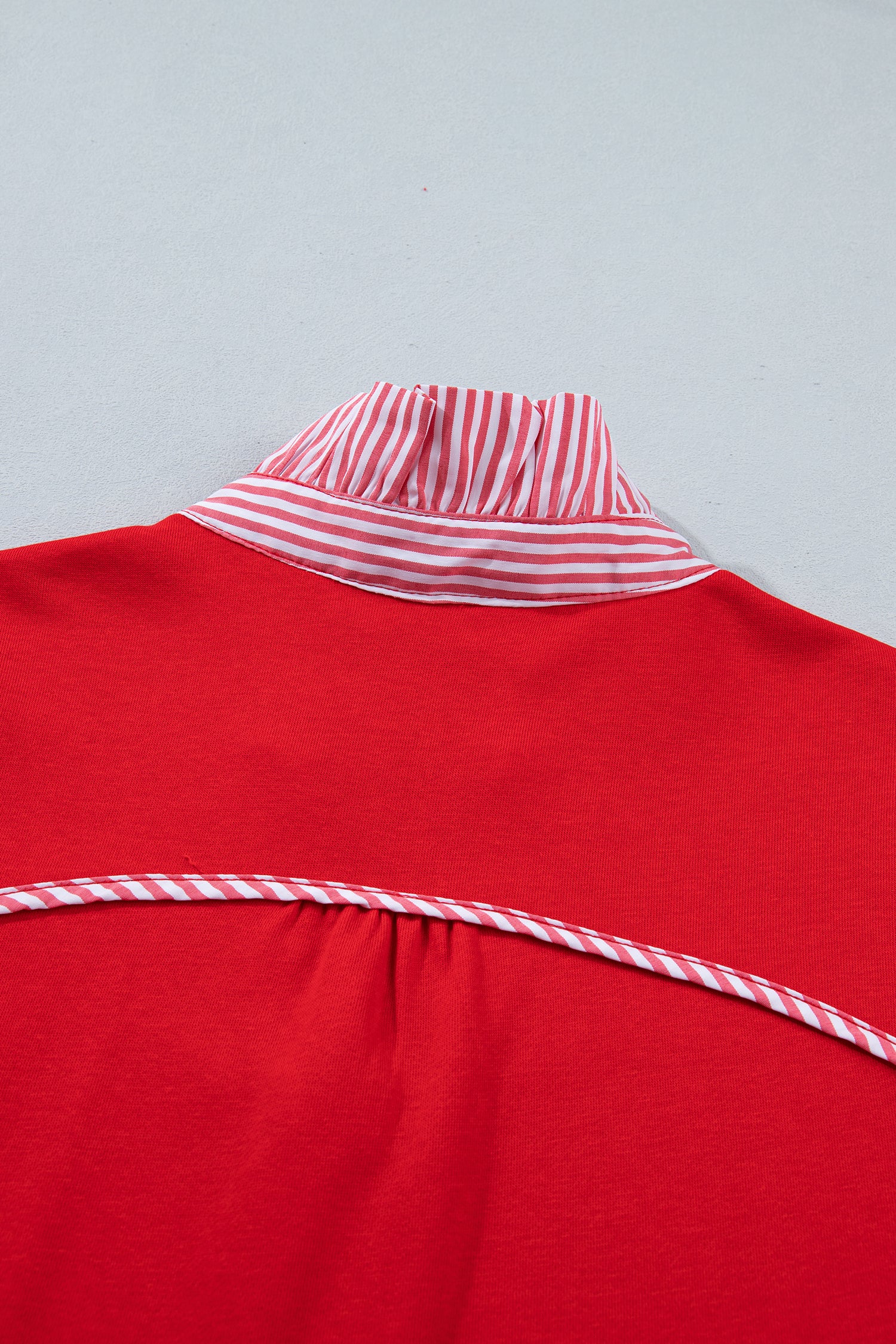 Women's Fiery Red Striped Frilled Collar Puff Sleeve Blouse at LivelyLooks