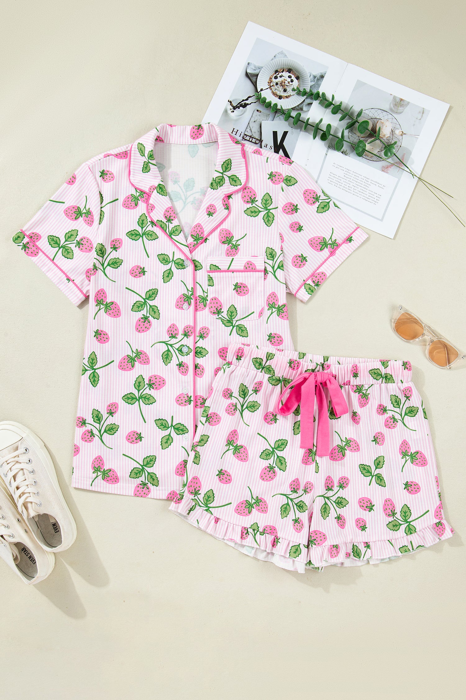 Women's Pink Strawberry Stripe Pyjama Set Short Sleeve Shirt & Shorts at LivelyLooks