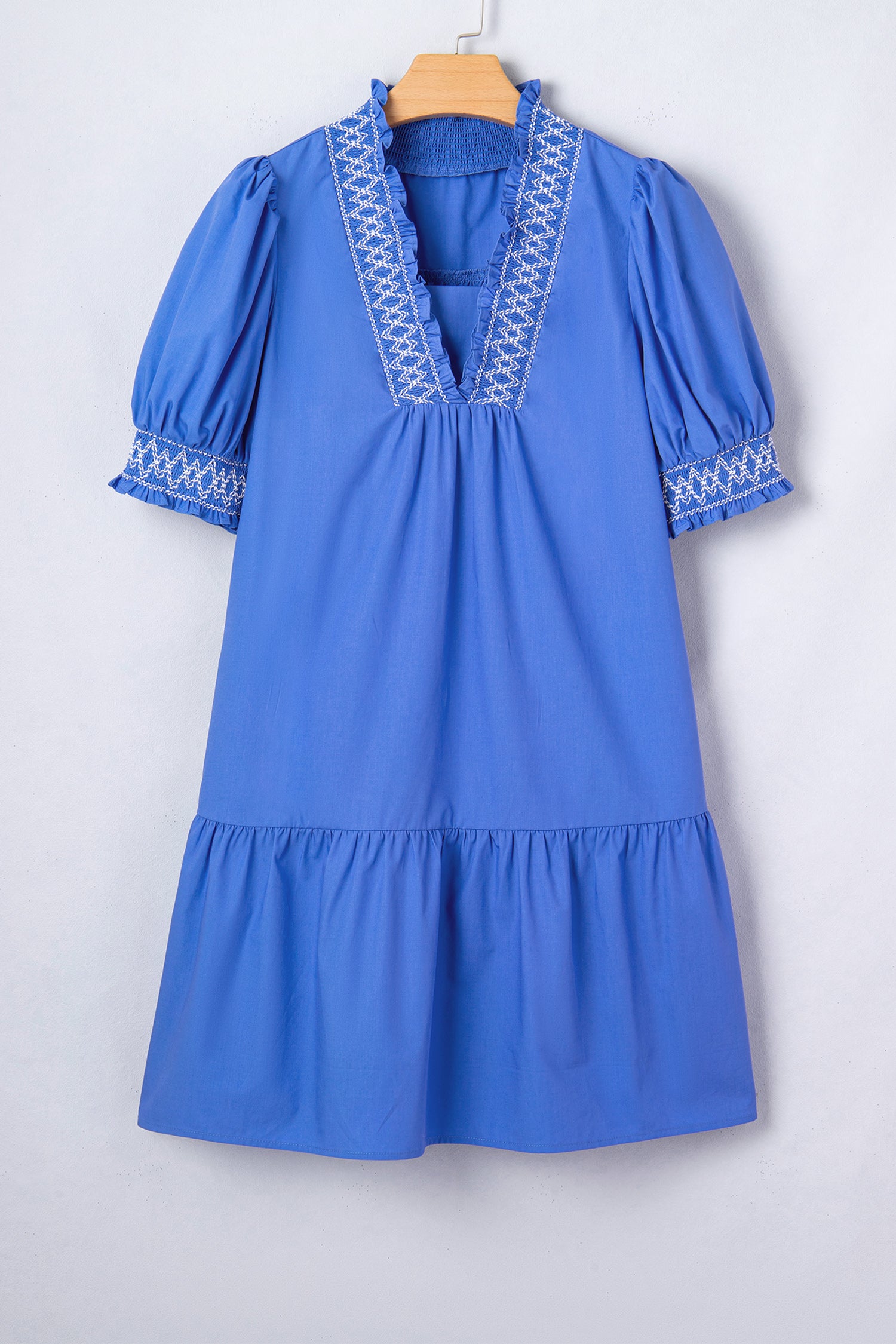 Sky Blue Embroidered Smocked Mini Dress V Neck Short Puff Sleeve Women S-XL