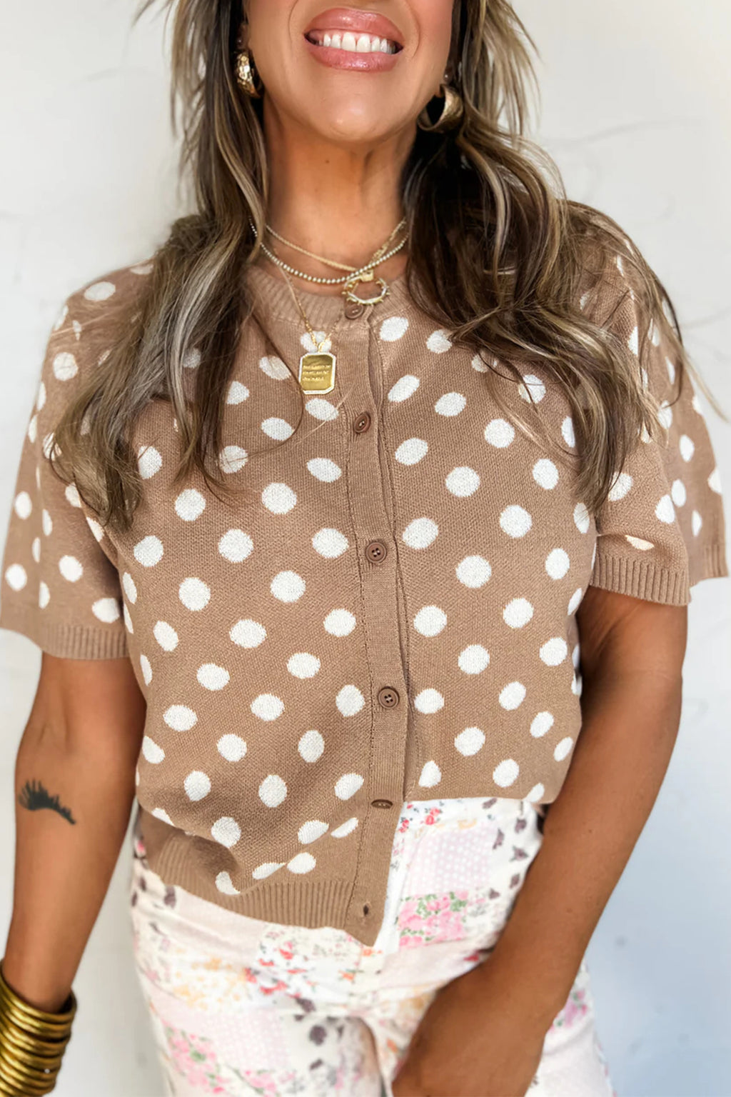 Women's Dark Khaki Polka Dot Short Sleeve Button Down Cardigan at LivelyLooks