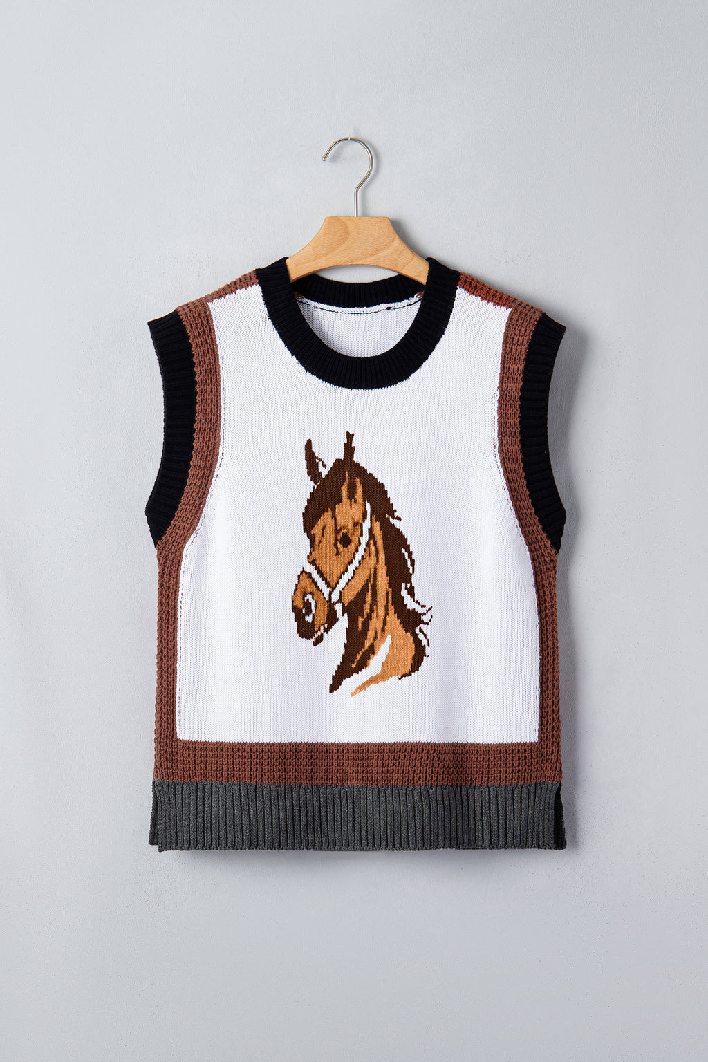 Women's White Western Horse Head Colorblock Trim Sweater Vest at LivelyLooks