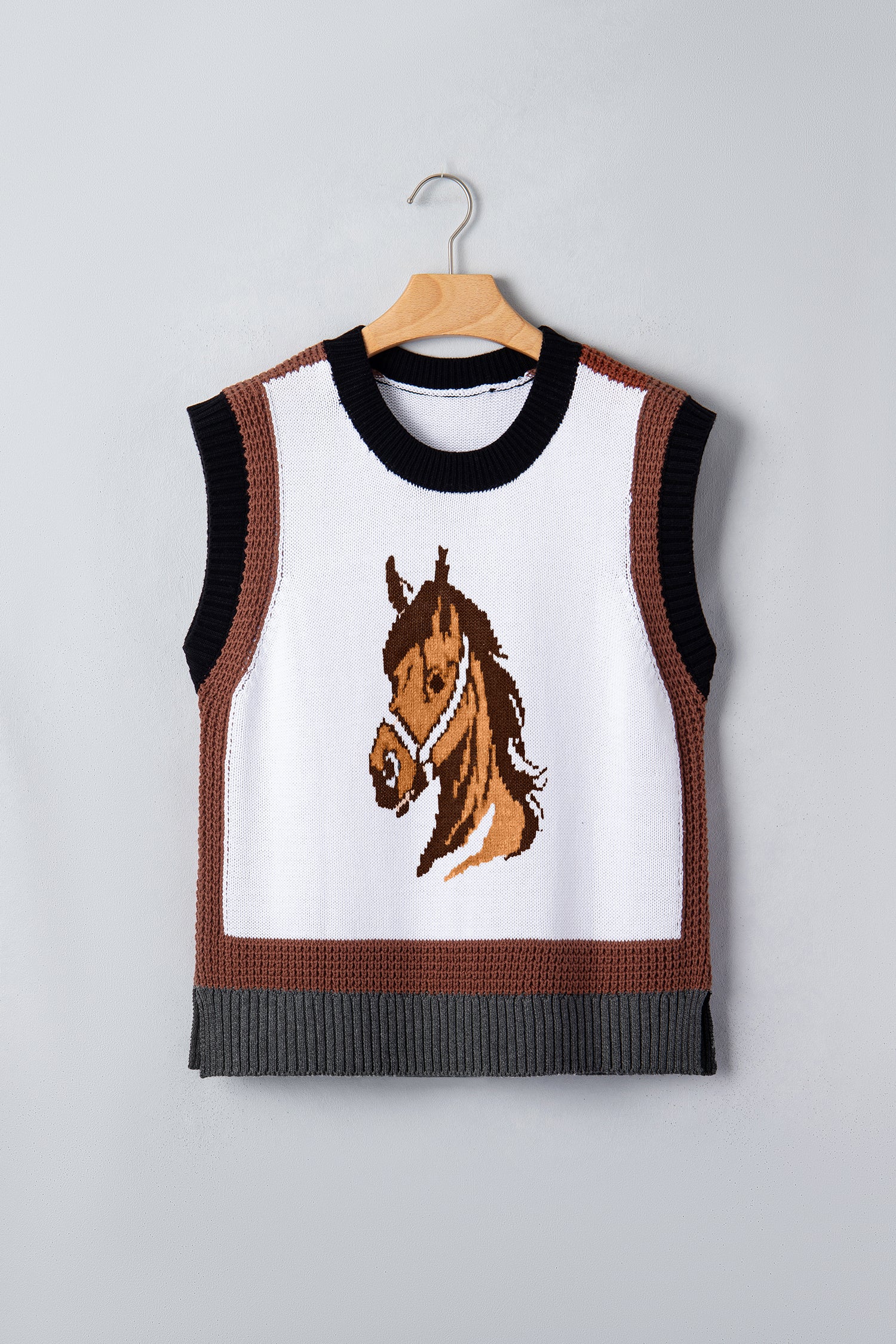 Women's White Western Horse Head Colorblock Trim Sweater Vest at LivelyLooks