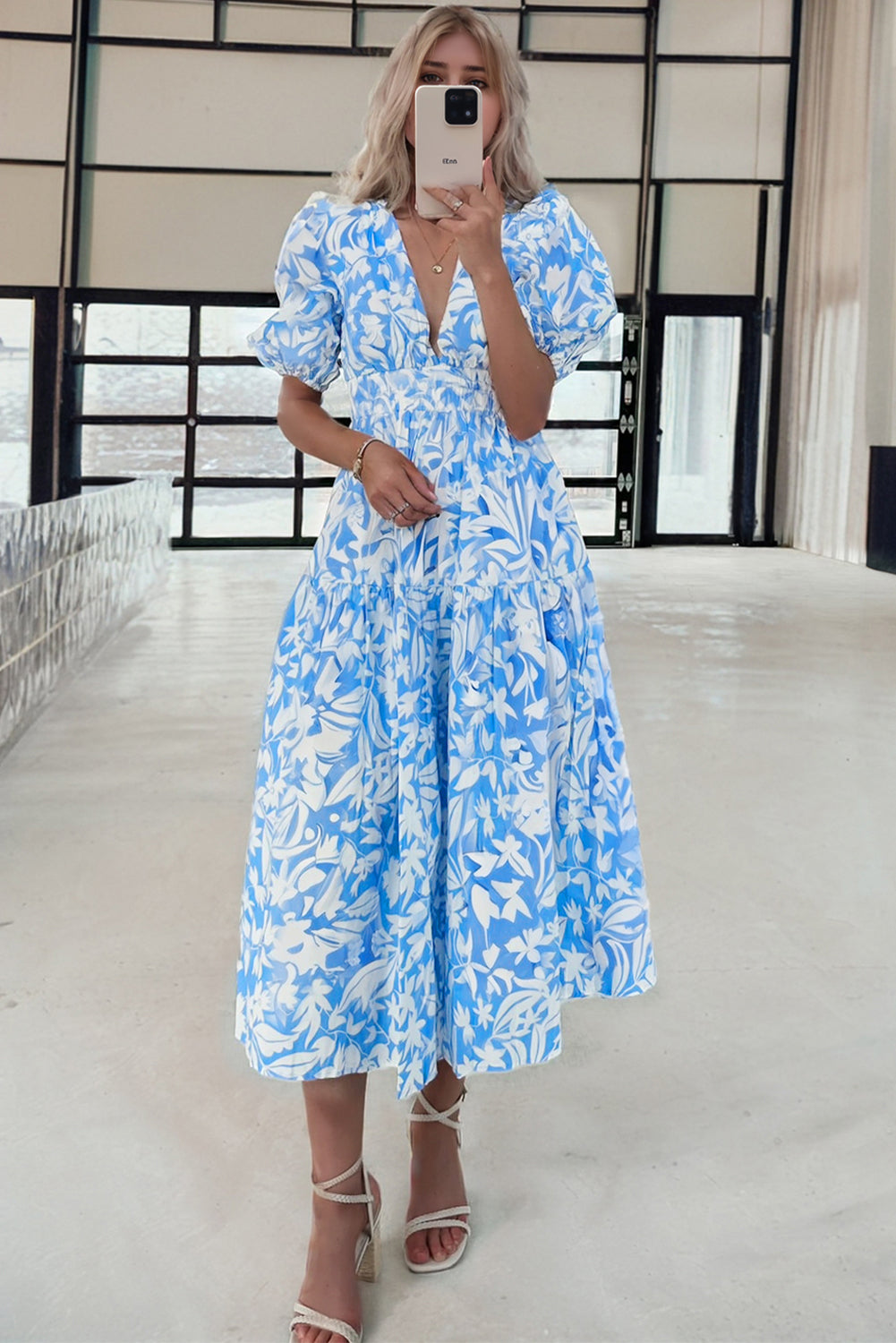 LivelyLooks Blue Floral V-Neck Puff Sleeve Fit & Flare Maxi Dress women's fashion
