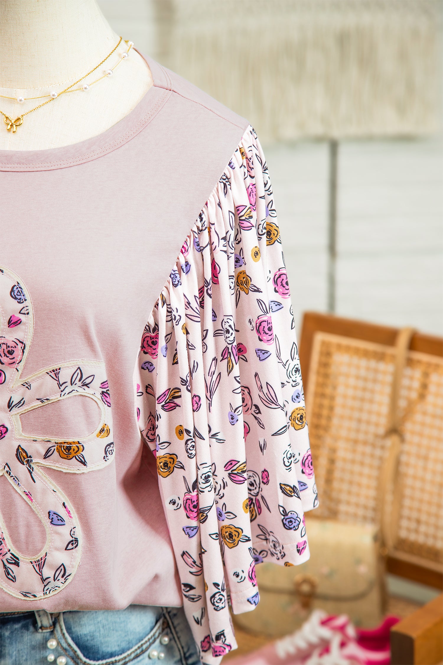 Women's Pink Contrast Floral Patched Flowy Half Sleeve Blouse at LivelyLooks