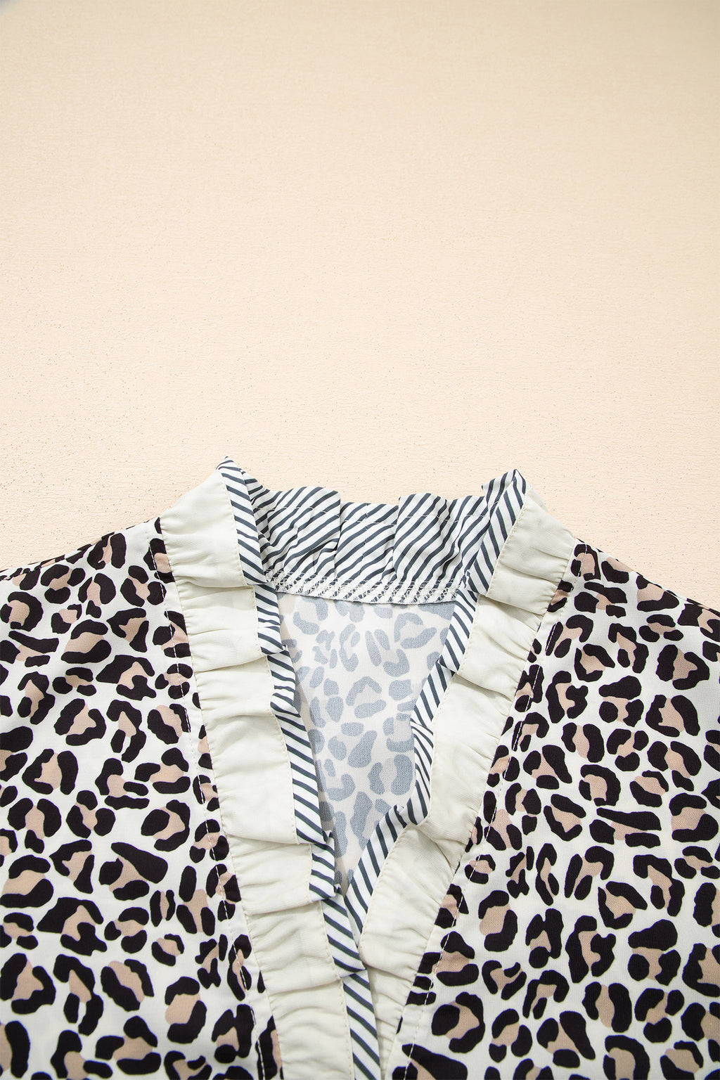 Black Leopard Print Striped Ruffled Colourblock Trim V Neck Short Sleeve Blouse | UK 10–18