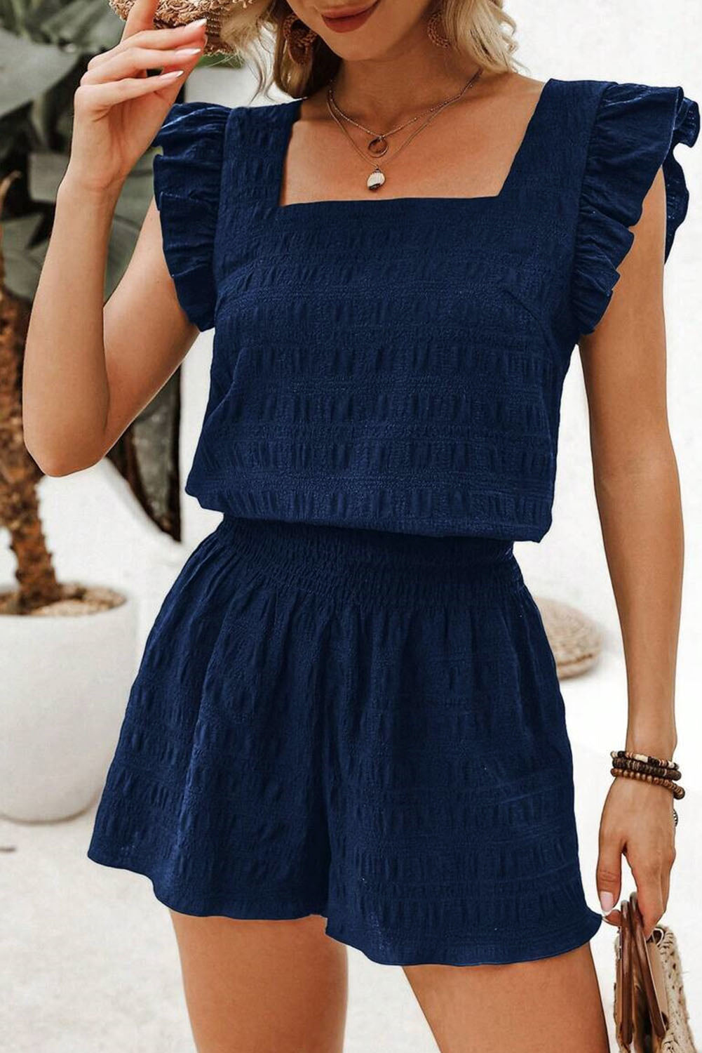Textured Square Neck Top & Shirred High Waist Shorts Set | 5 Colours | UK 8–22