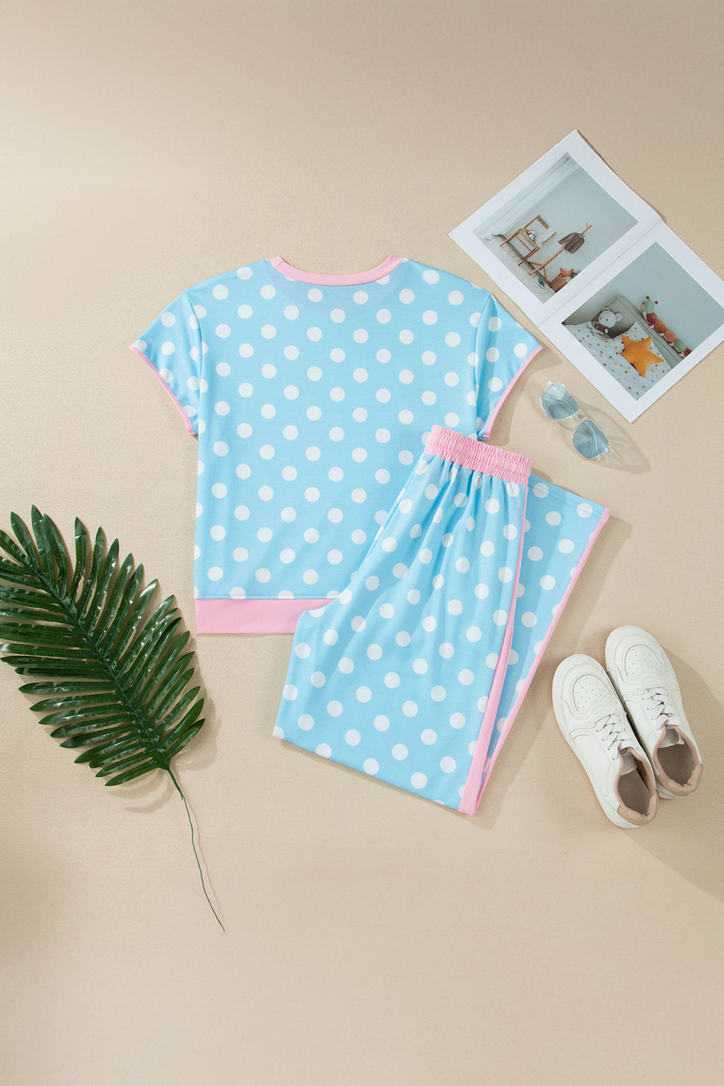 Sky Blue Polka Dot Short Sleeve Top & Wide Leg Trouser Set
