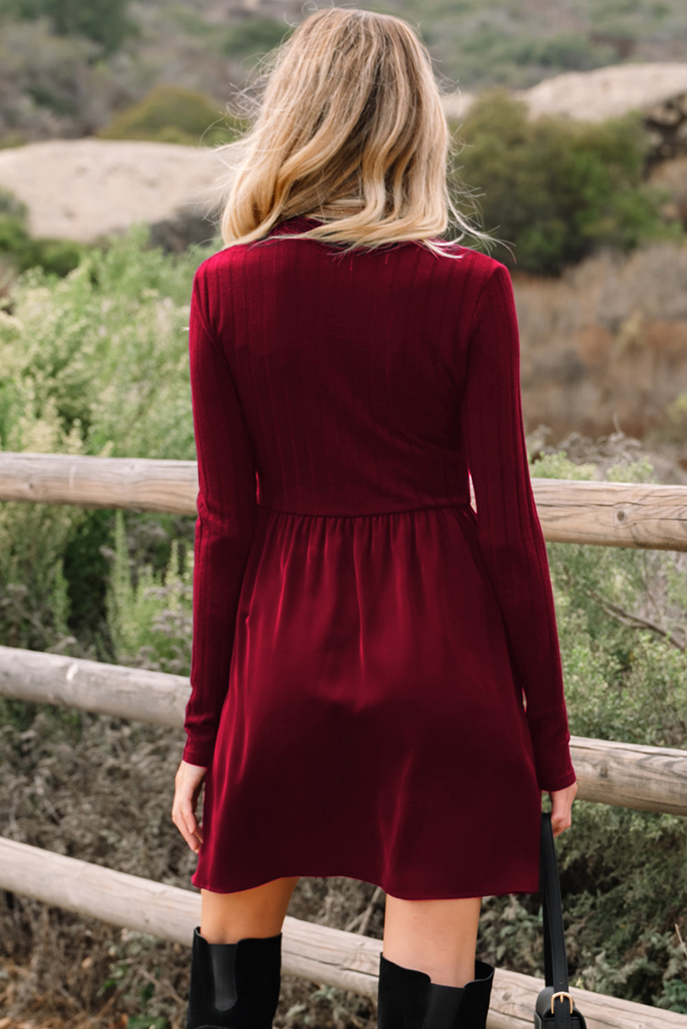 Black & Burgundy Frilled Neck Ribbed Knit Long Sleeve Mini Dress S-XL