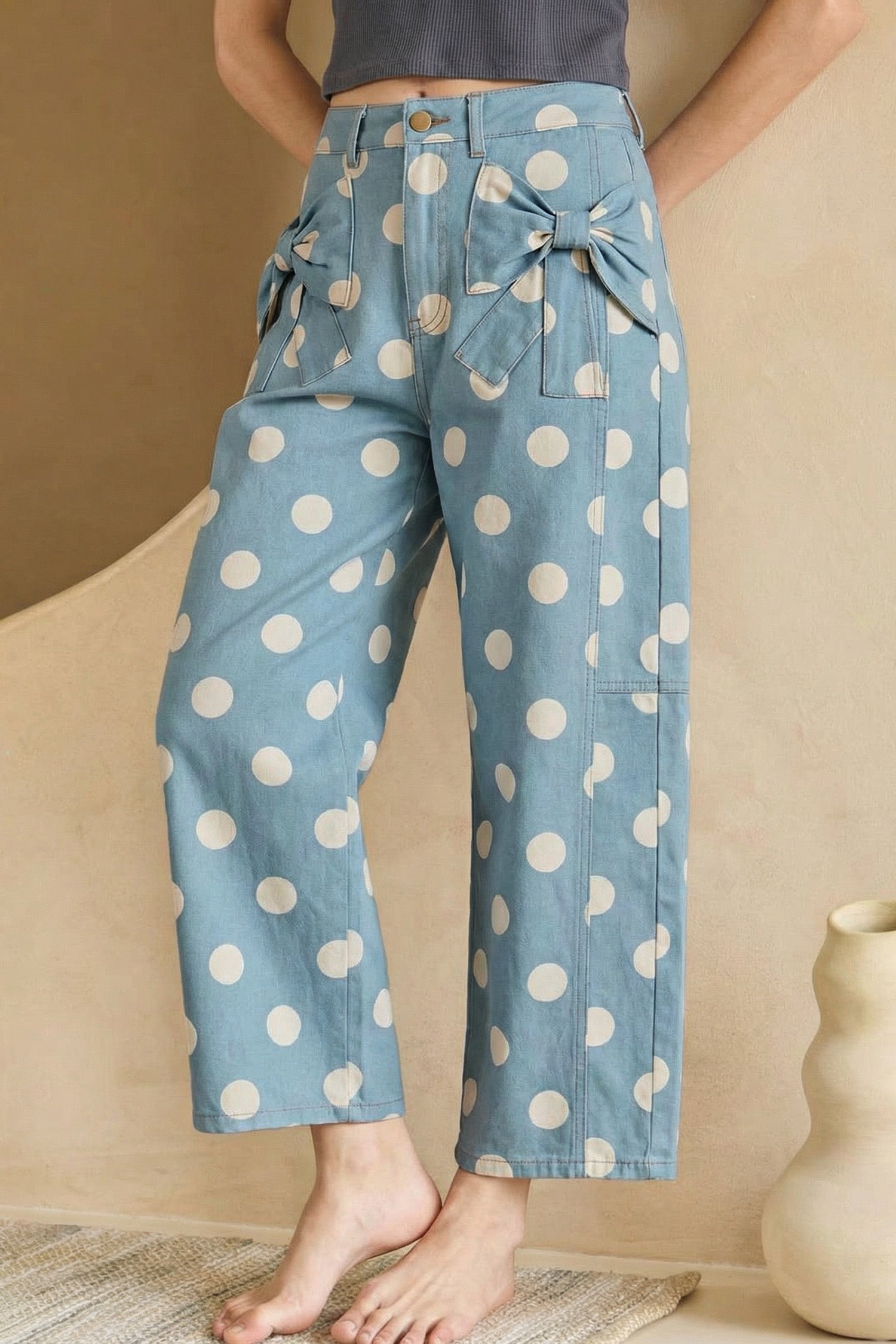 Polka Dot Print Bow Detail Pocketed Loose Jeans | White & Sky Blue