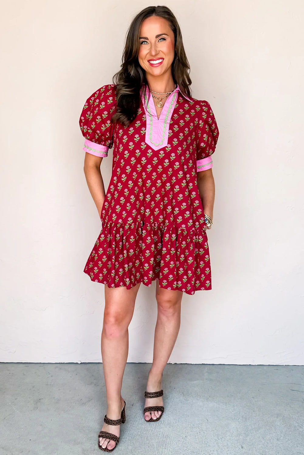 Red Floral Print Mini Dress Contrast V Neck Short Bubble Sleeve Women S-XL