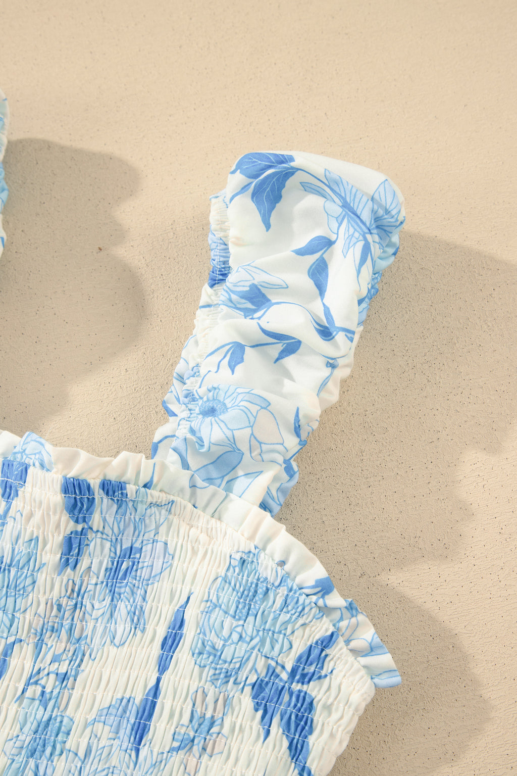Sky Blue Floral Smocked Maxi Dress Ruffled Straps High Waist S-XL