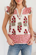 White Floral Print Flutter Blouse Contrast Striped Trim Cotton Women S-XL