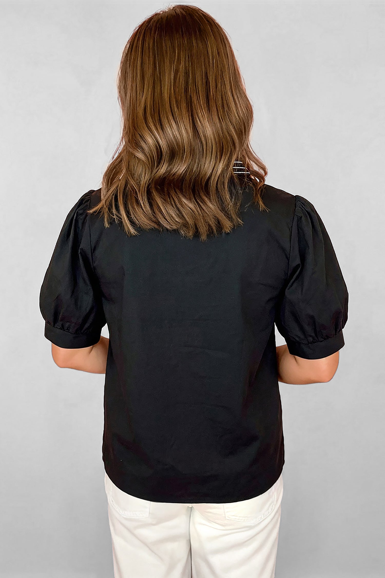 Shop Black Embroidered V Neck Puff Sleeve Blouse Women's Top at LivelyLooks