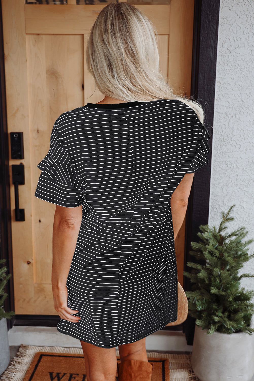 Women's Green Stripe Ruffled Short Sleeve Crew Neck Shift Mini Dress at LivelyLooks