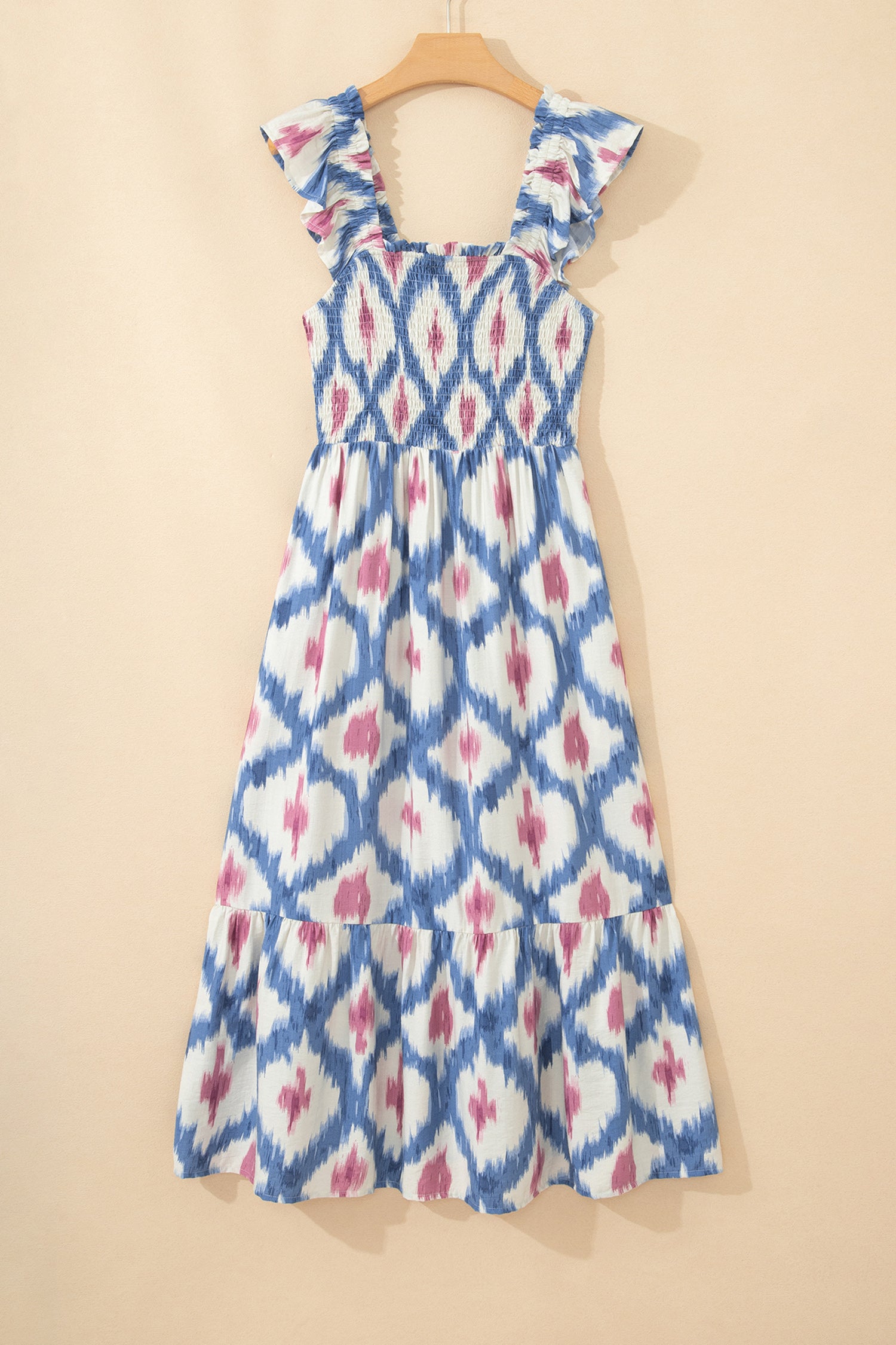 LivelyLooks Blue Ethnic Geometric Maxi Dress | Square Neck Smocked Waist Ruffle Sleeve women's fashion