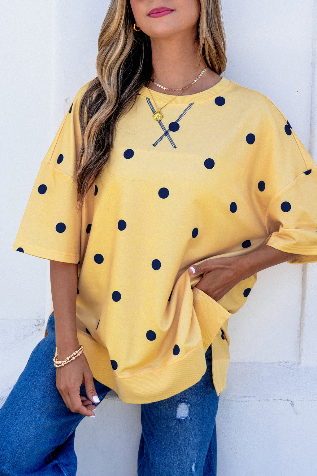 Women's Polka Dot Oversized Tee Crossed Seam Detail Yellow Sky Blue S-XL