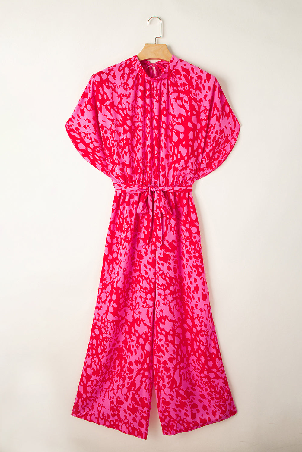 LivelyLooks Rose Leopard Print Belted Wide Leg Jumpsuit women's fashion