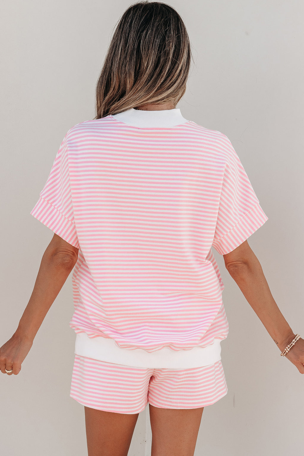 Striped Cuffed Sleeve Mock Neck Tee & Shorts Co-ord | Sky Blue, Pink & Green