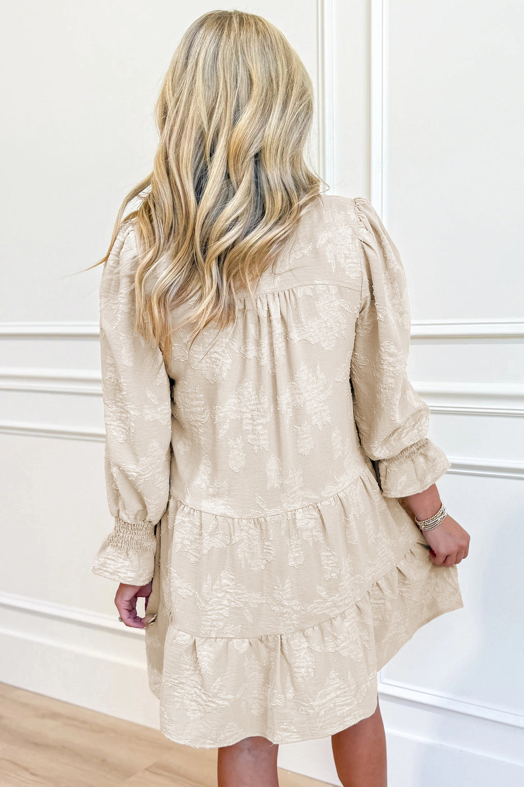 Women's Parchment Jacquard Tiered Mini Dress with Notched Neck at LivelyLooks