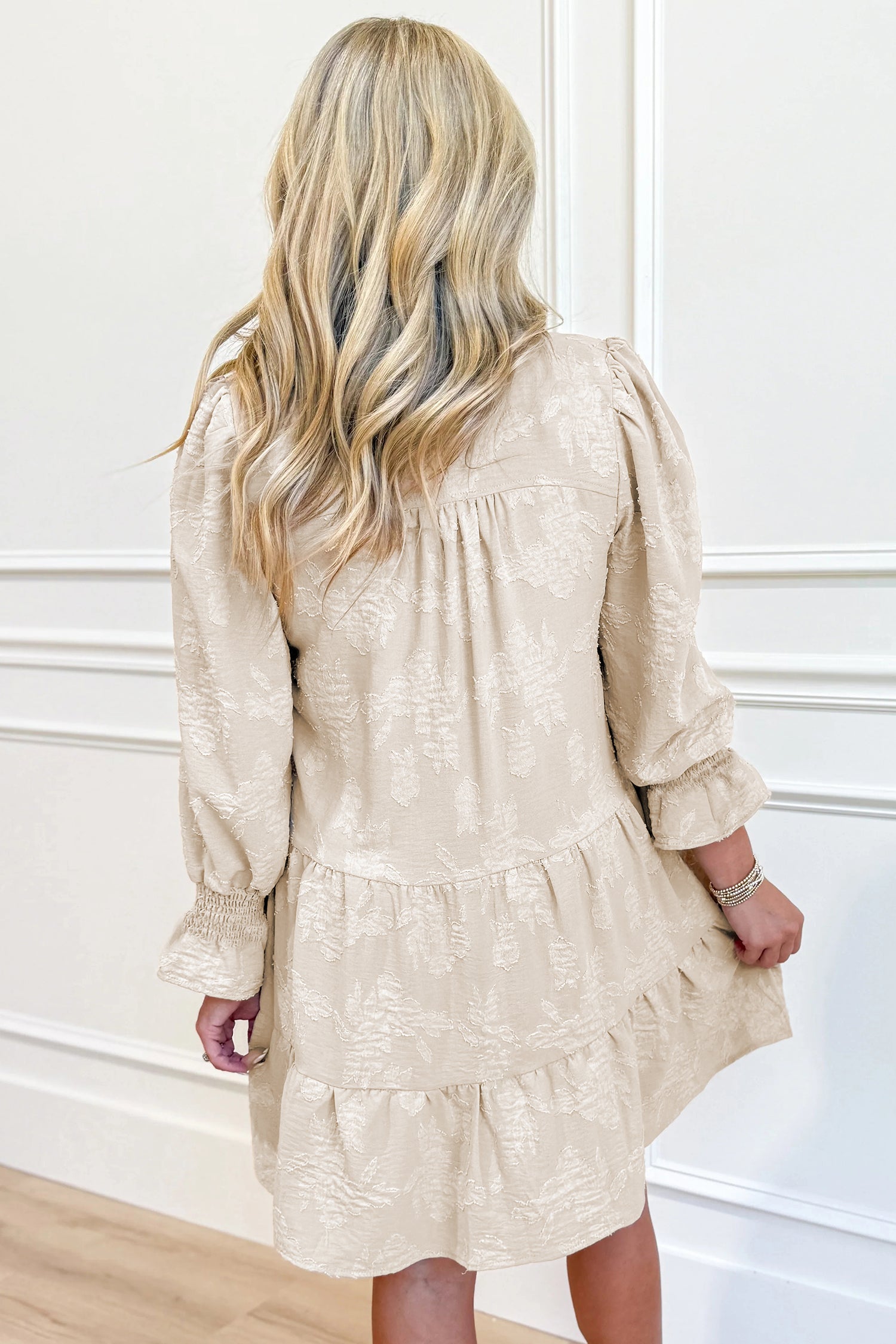 Women's Parchment Jacquard Tiered Mini Dress with Notched Neck at LivelyLooks