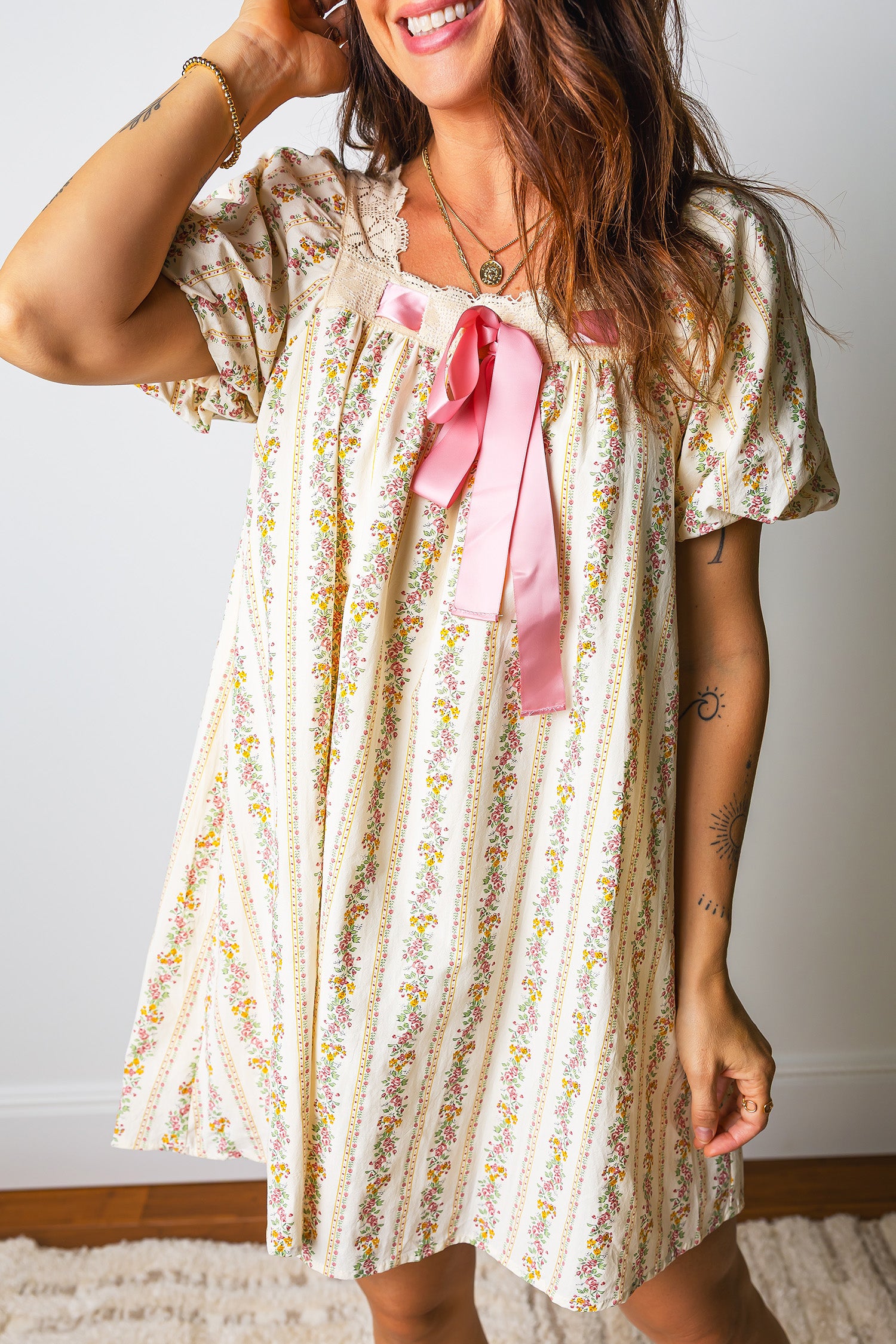 Multicolour Floral Ribbon Bow Lace Trim Square Neck Babydoll Mini Dress