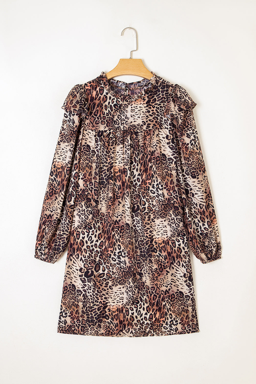 Women's Brown Leopard Ruffled Detail Long Sleeve Loose Mini Dress at LivelyLooks