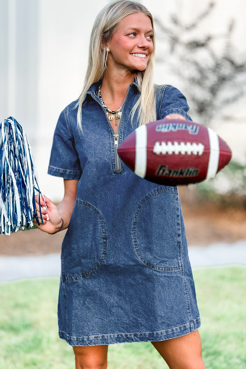 Blue Collared Zip-Up Short Sleeve Shift Mini Denim Dress